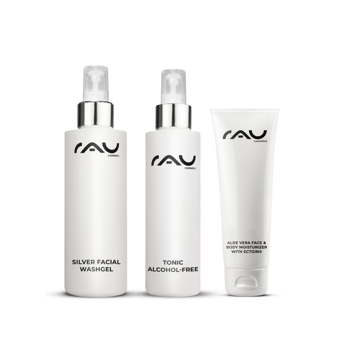 Basic care routine for mixed skin from RAU Cosmetics, consisting of Silver Facial Wash Gel, alcohol-free Tonic, and Aloe Vera Moisture Gel.