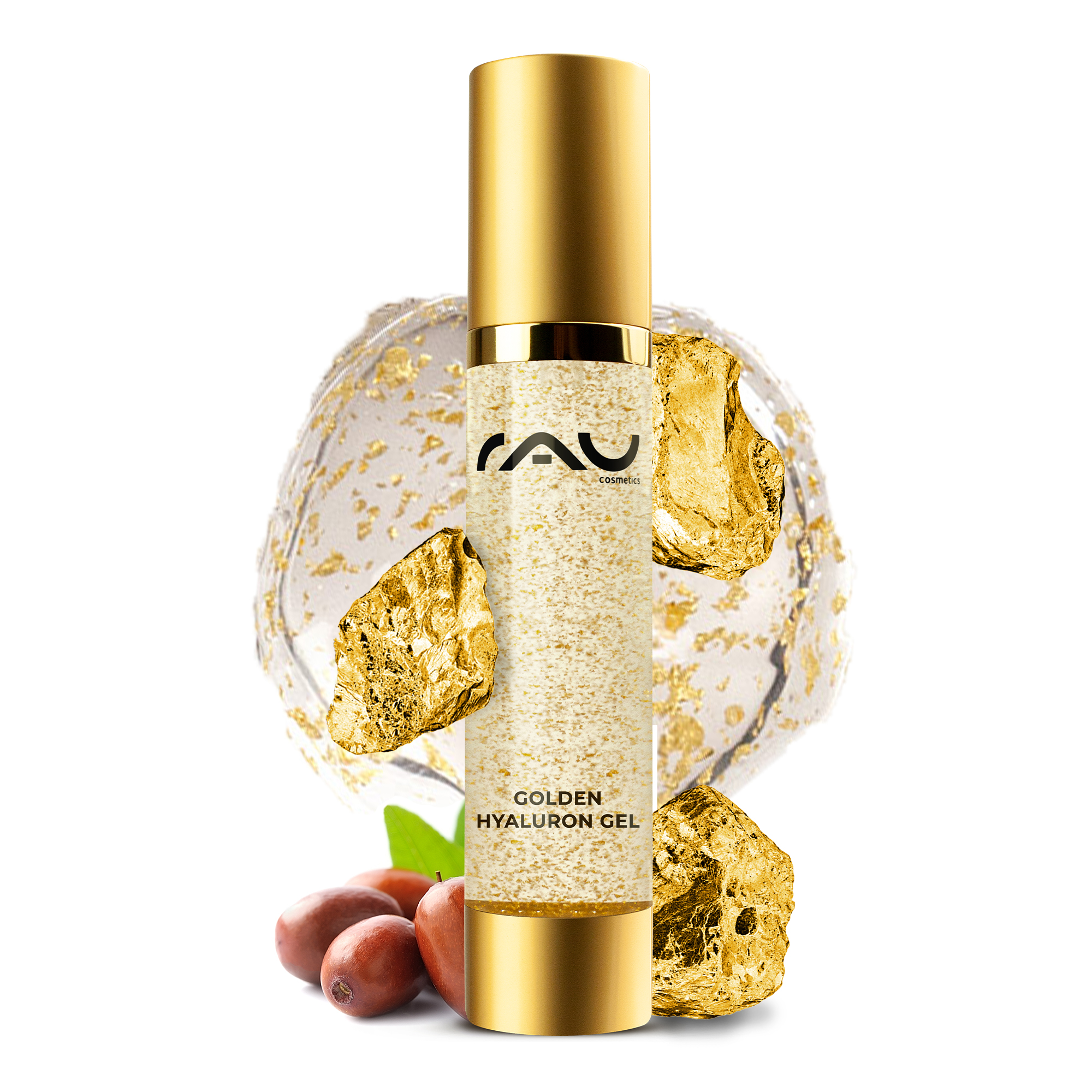 Golden Hyaluron Gel 50 ml Anti-Aging Gel with 23kt Gold RAU Cosmetics Golden Hyaluron Gel mit 23 Karat Gold, luxuriöse Anti-Aging-Formel, umgeben von Goldflocken und natürlichen Inhaltsstoffen, entwickelt für reife und trockene Hauttypen.