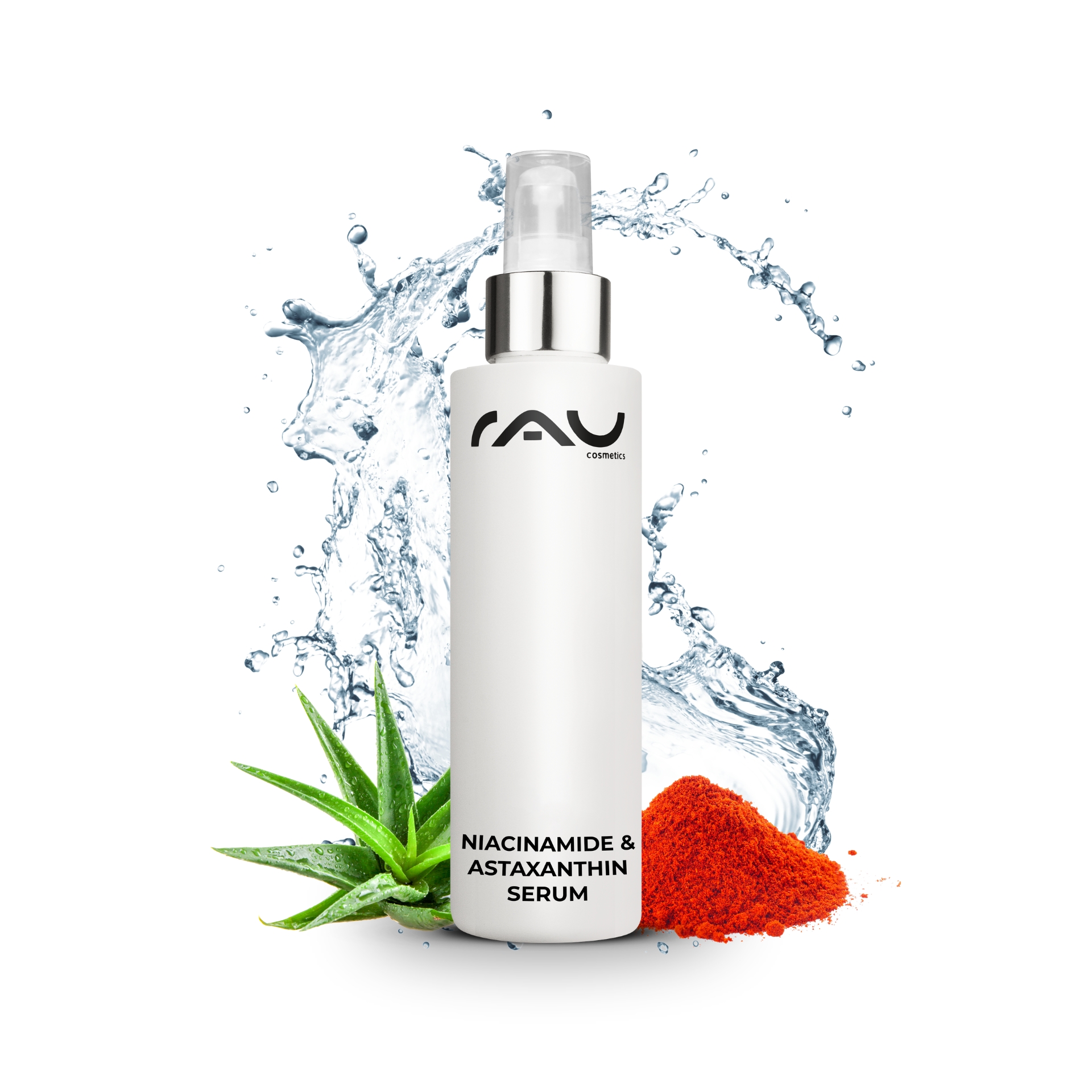 Niacinamide & Astaxanthin Serum 100 ml with 10% Niacinamide & 1% Zinc PCA Flasche Niacinamid- und Astaxanthin-Serum mit Aloe Vera und Astaxanthin-Pulver, umgeben von Wasserspritzern, die die feuchtigkeitsspendenden und hautverbessernden Vorteile hervorheben.