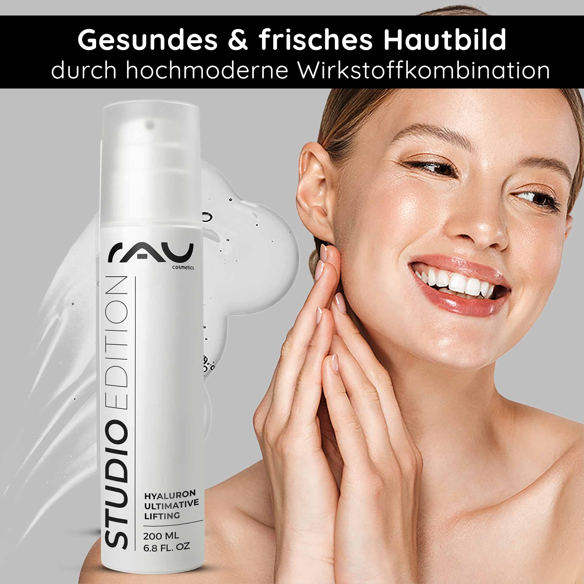 Hyaluron Ultimate Lifting 200 ml Hyaluronic acid gel RAU Hyaluron Ultimative Lifting Gel in einer eleganten weißen Flasche, mit einer lächelnden Frau, die das Produkt auf ihr Gesicht aufträgt, um eine gesunde und frische Haut zu fördern und die Anti-Aging-Vorteile hervorzuheben.