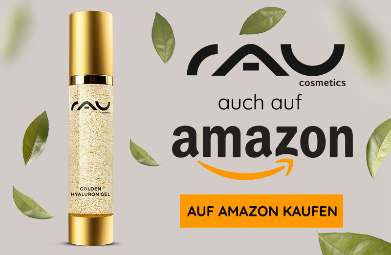 Goldene Hyaluron-Gel-Verpackung von RAU Cosmetics, elegante goldene Dose, auffällige Struktur, Amazon-Kaufhinweis.