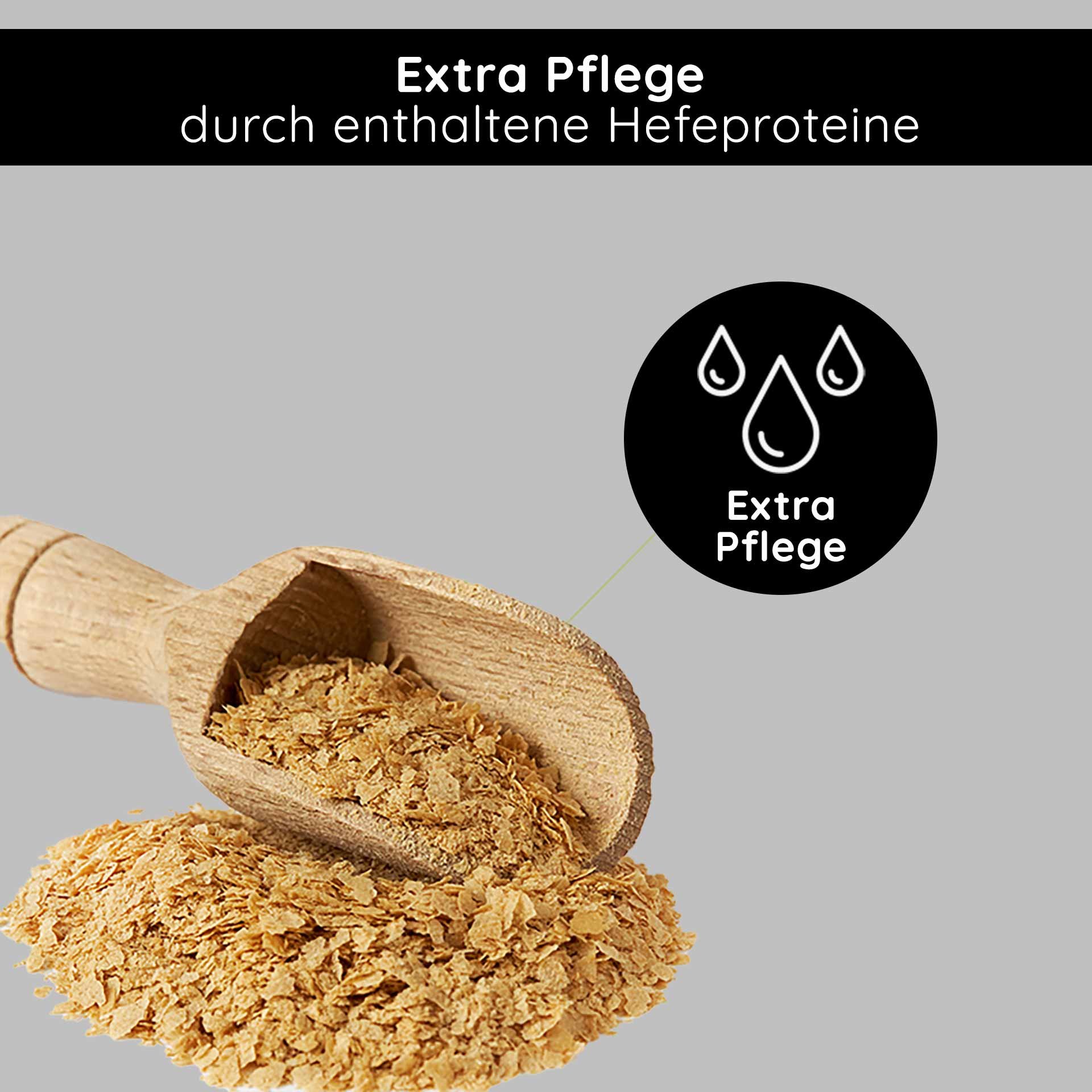 Messlöffel Peelingpuder mit Etikett, das die zusätzlichen Pflegevorteile von Hefeproteinen hervorhebt und die sanfte Hautpflege der Produkte von RAU Cosmetics betont.