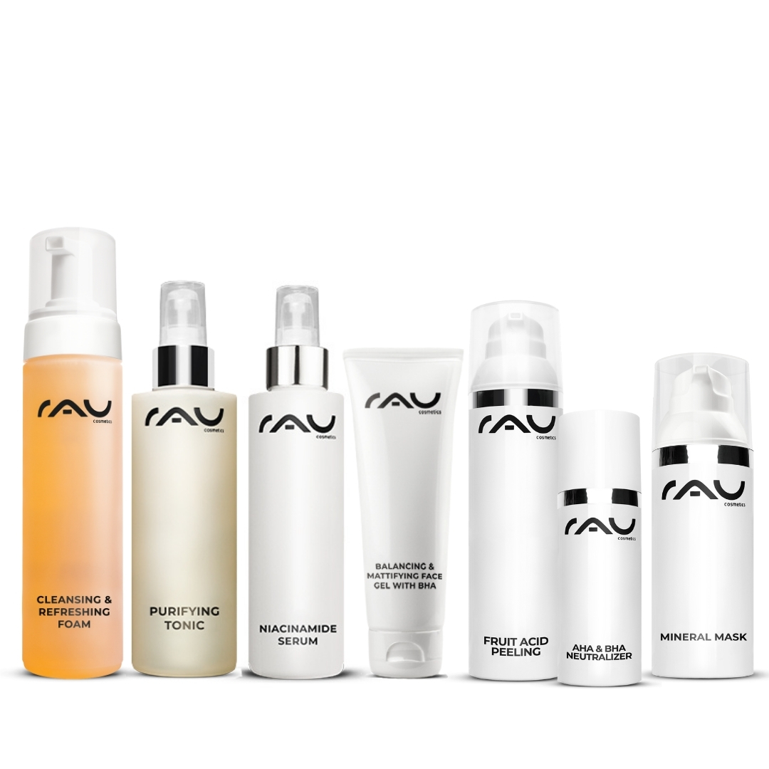 Professional care routine for oily skin Profi Pflegeroutine für fettige Haut von RAU Cosmetics, bestehend aus Reinigungsschaum, Spezialtonic, Niacinamid-Serum, mattierendem Gel, Fruchtsäure-Peeling, AHA- und BHA-Neutralisierer sowie Mineralmaske.