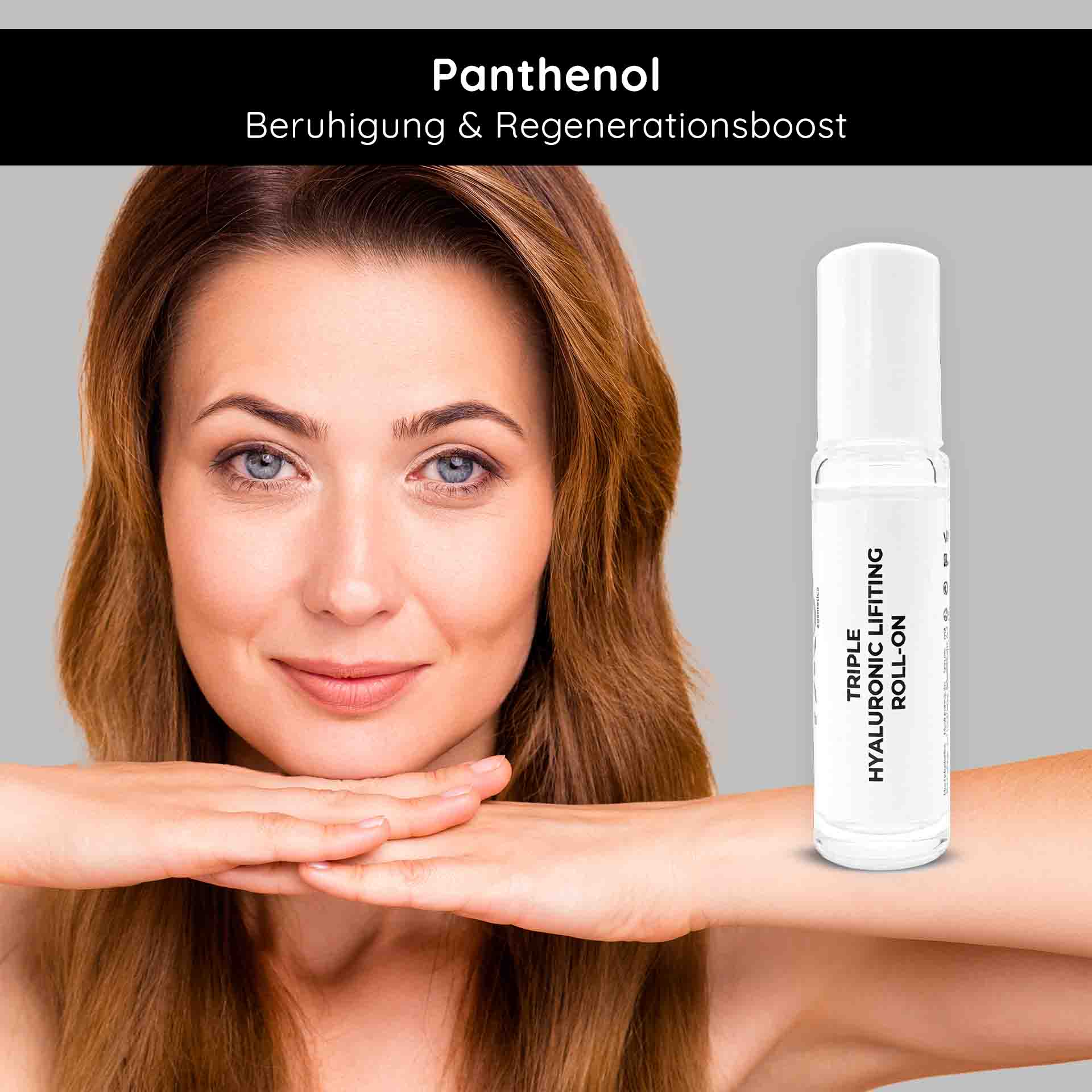 Triple Hyaluronic Serum Roll-On 10 ml with triple hyaluronic acids Frau mit sanftem Lächeln und glatter Haut, präsentiert das Triple Hyaluronic Lifting Roll-On Serum, betont mit Panthenol für Beruhigung und Regeneration.