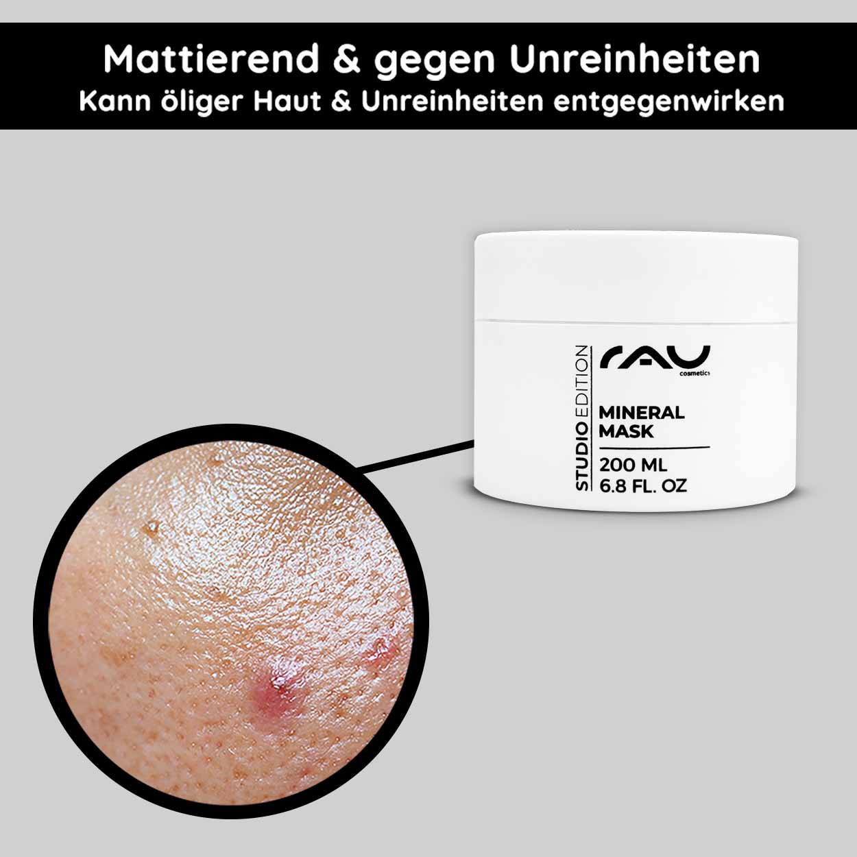 Mineral Mask 200 ml Mattifying Face Mask Mineralmaske von RAU Cosmetics im Tiegel, die fettige Haut und Hautunreinheiten hervorhebt, mit einem Text, der die mattierende und unreine Wirkung hervorhebt.
