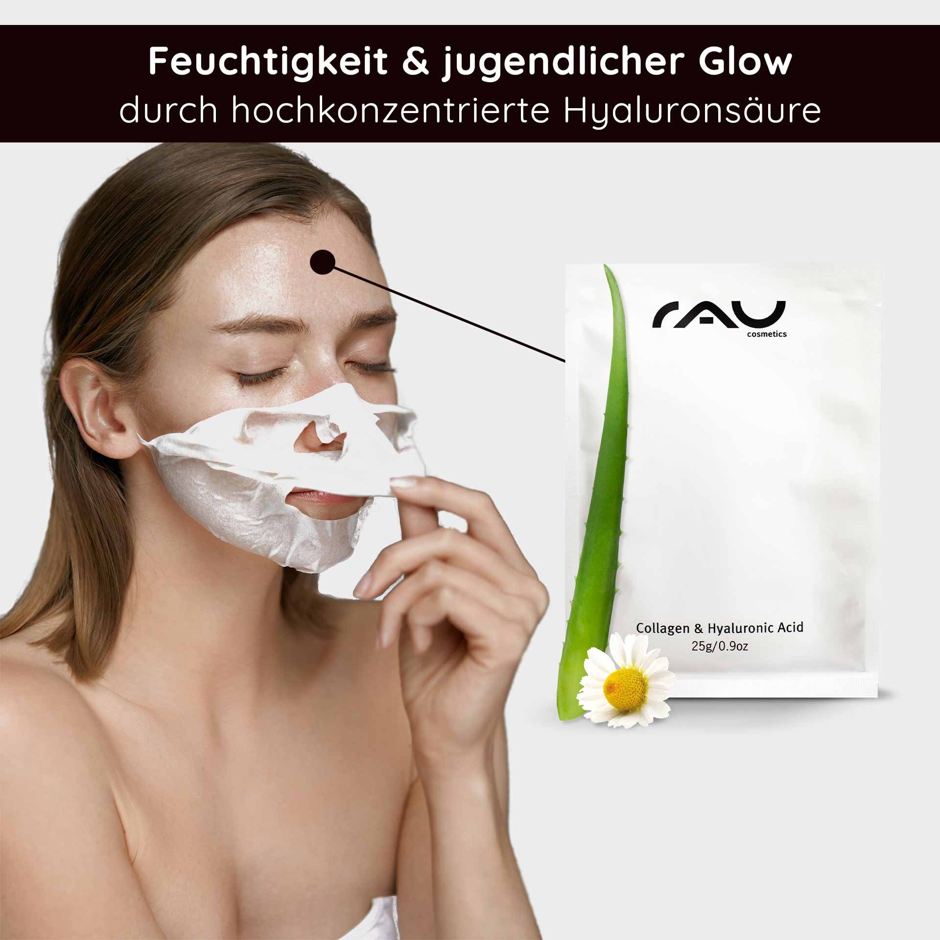 Woman with a face mask made of hyaluronic acid and collagen, showing moisturizing skincare by RAU Cosmetics, surrounded by aloe vera and chamomile.