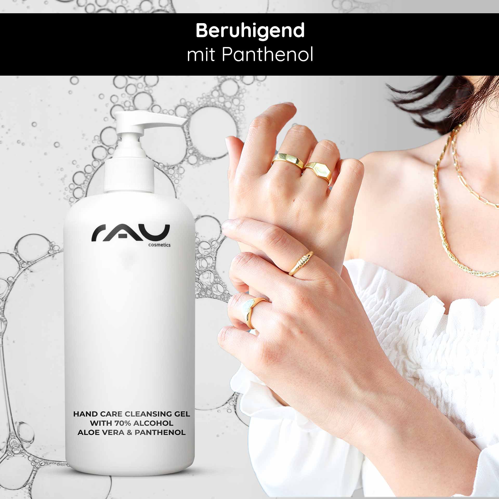 Bottle of RAU Cosmetics Hand Care Cleansing Gel with 70% alcohol, aloe vera, and panthenol, next to a woman's hand adorned with rings, emphasizing skincare and disinfection.