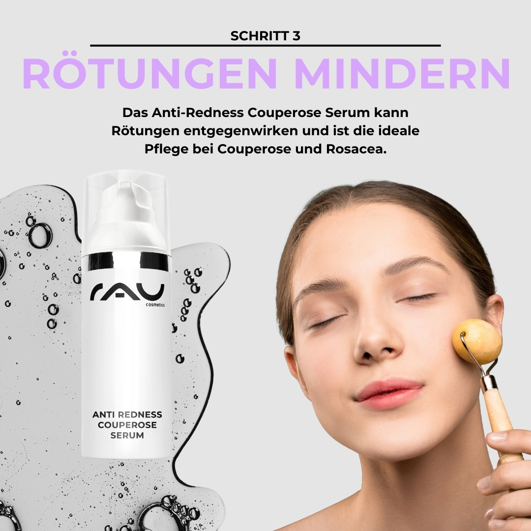 Professional care routine for couperose Anti-Redness Couperose Serum von RAU Cosmetics, Frau verwendet Gesichtsroller, Fokus auf Hautpflege bei Couperose und Rosazea, Schritt 3 der professionellen Hautpflegeroutine.