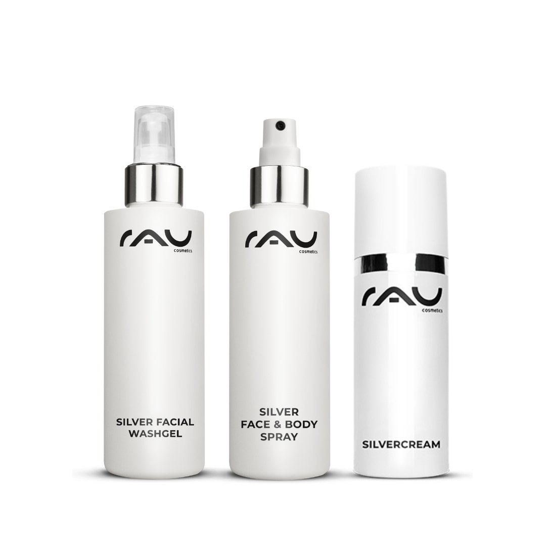 RAU Cosmetics skincare set with Silver Facial Washgel, Silver Face & Body Spray, and Silver Cream, developed for effective skin cleansing and hydration.