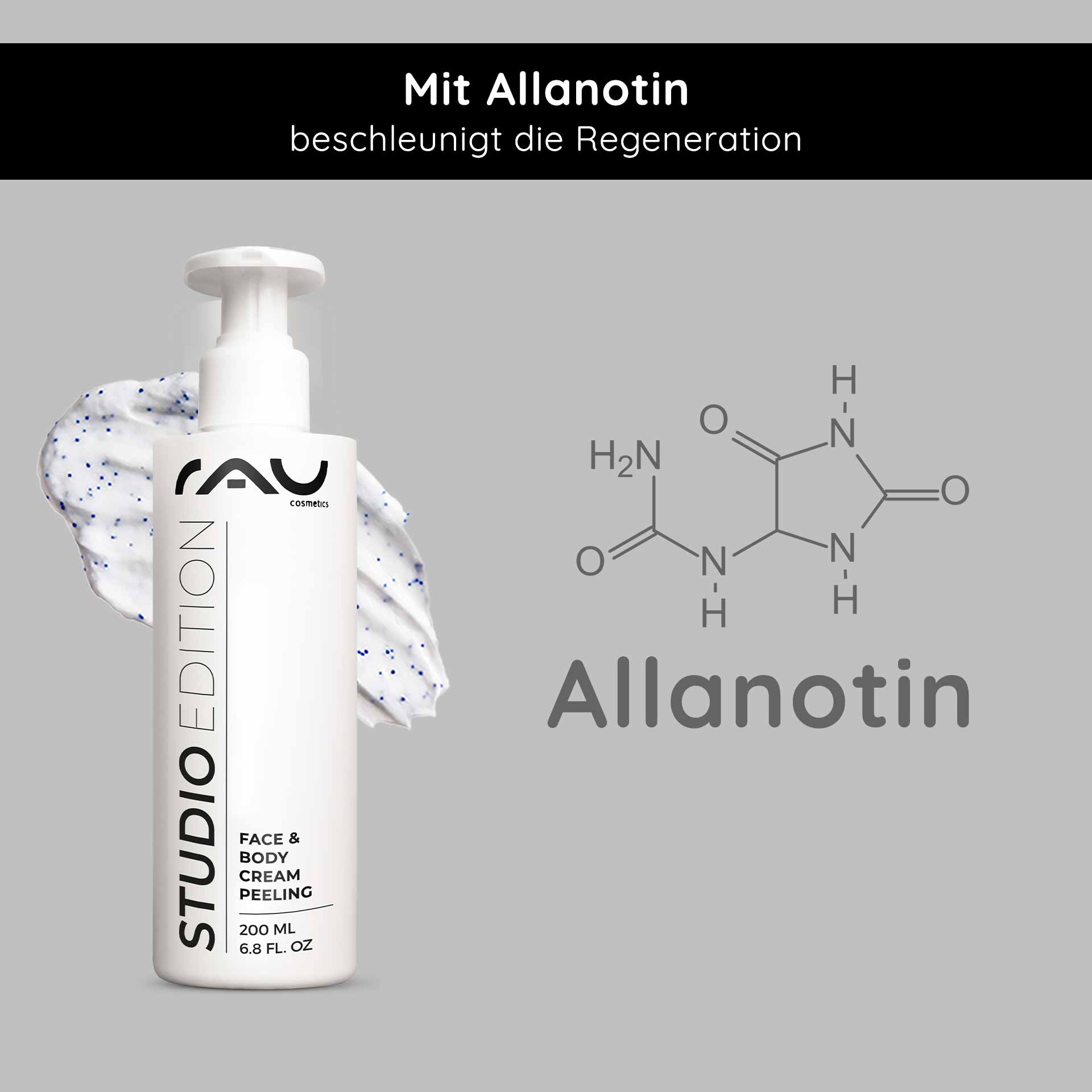 Face & Body Cream Peeling 200 ml Mechanical Peeling RAU Cosmetics Face & Body Cream Peeling-Flasche mit cremiger Textur, mit Allantoin zur Hautregeneration, vor hellgrauem Hintergrund.