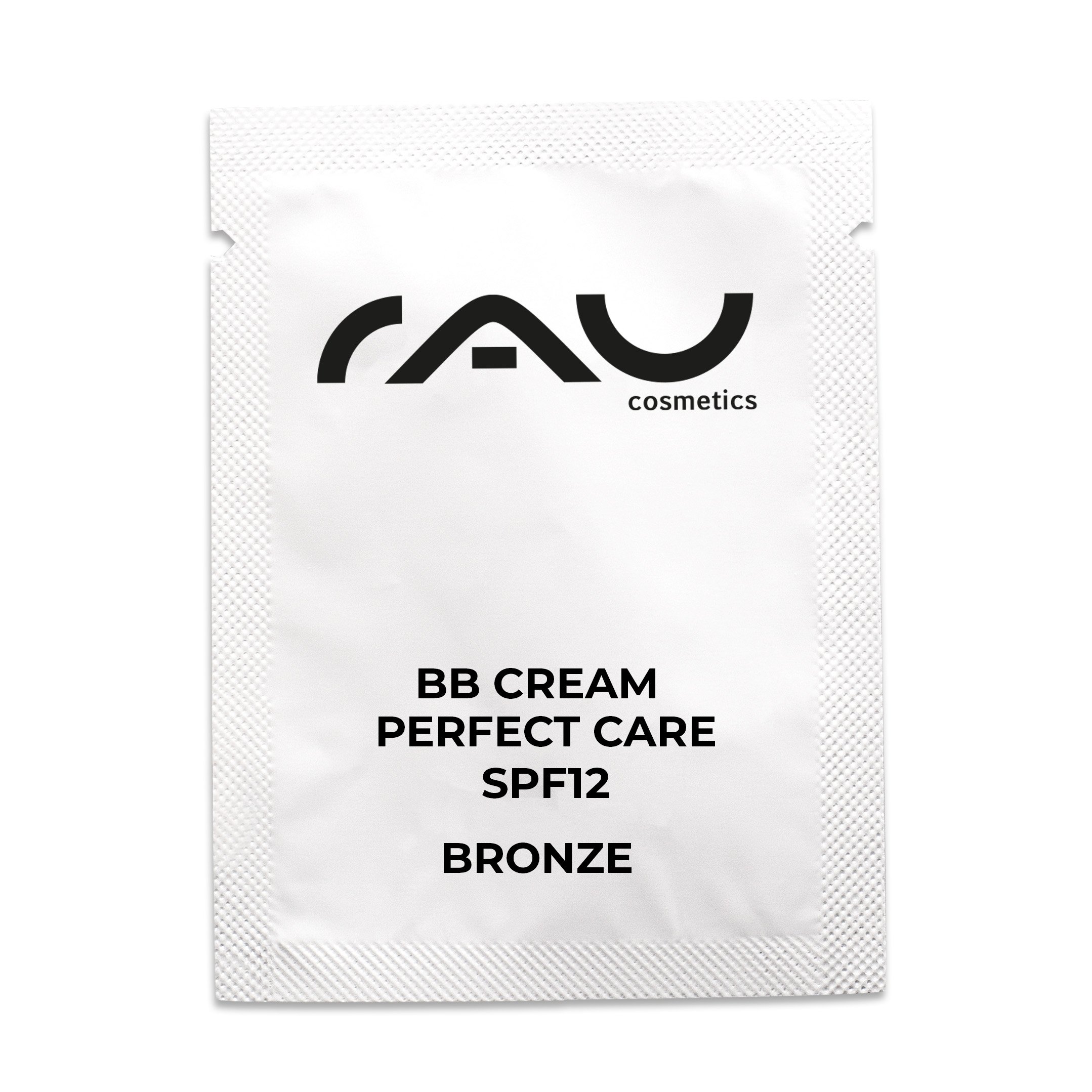Pouch of RAU BB Cream Perfect Care Bronze with SPF 12, with brand logo and product details highlighting skincare and makeup benefits.