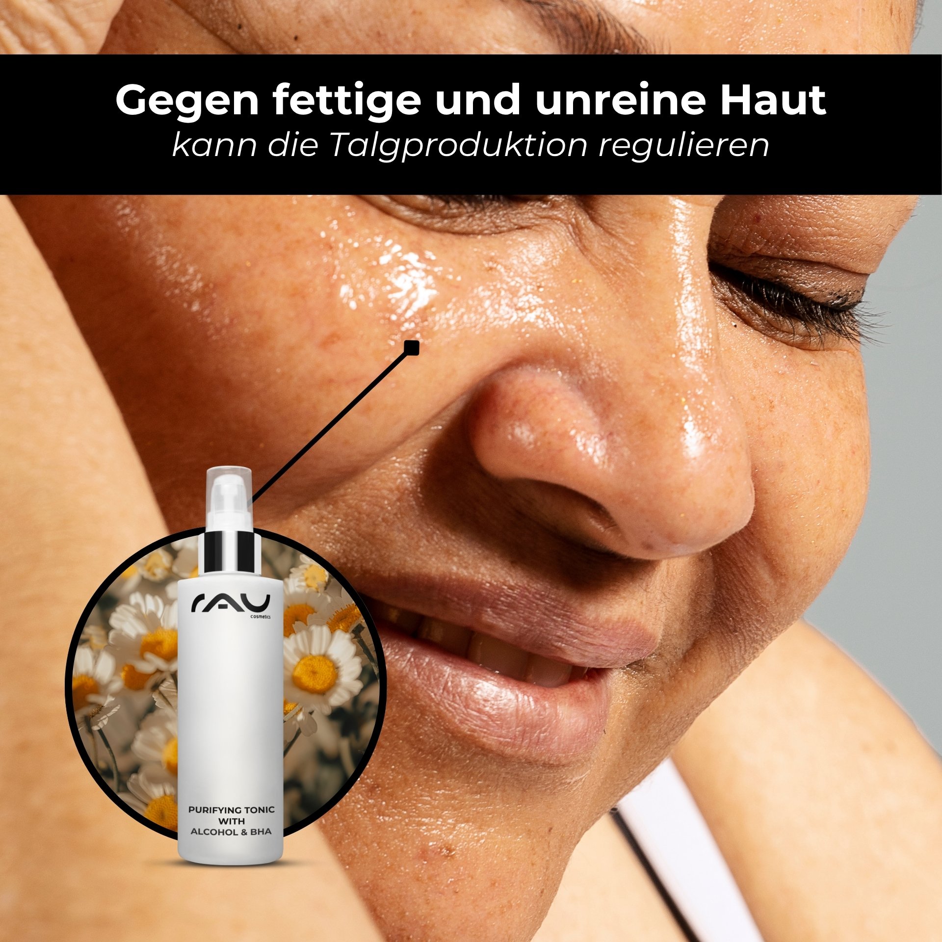 Satisfied woman with an even complexion thanks to the clarifying effect of the Purifying Tonic.