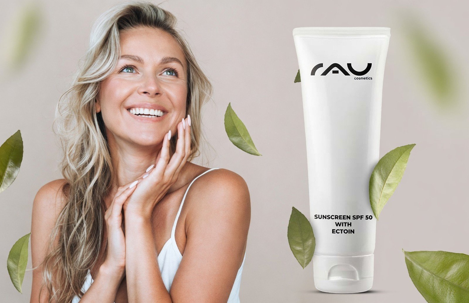 Frau mit RAU Sunscreen SPF 50 with Ectoin — leichte Gesichtssonnenpflege, women, skincare, sunscreen, SPF50, tubed_packaging