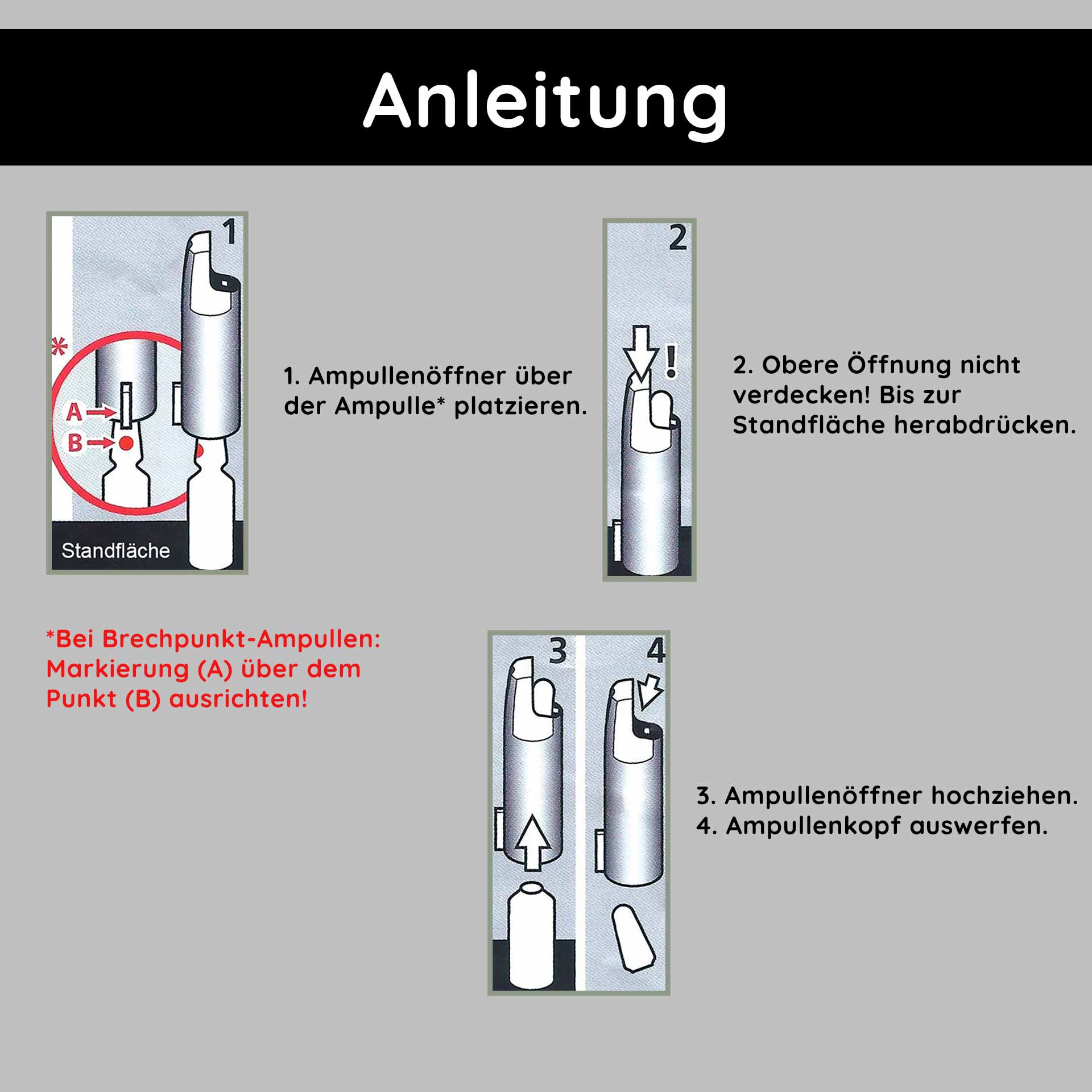 Ampullenöffner für 2 ml Glasampullen, Anleitung zur sicheren Anwendung, robuster Kunststoff, einfache Handhabung, minimiertes Verletzungsrisiko, Schritt-für-Schritt-Anleitung zur Öffnung von Ampullen.