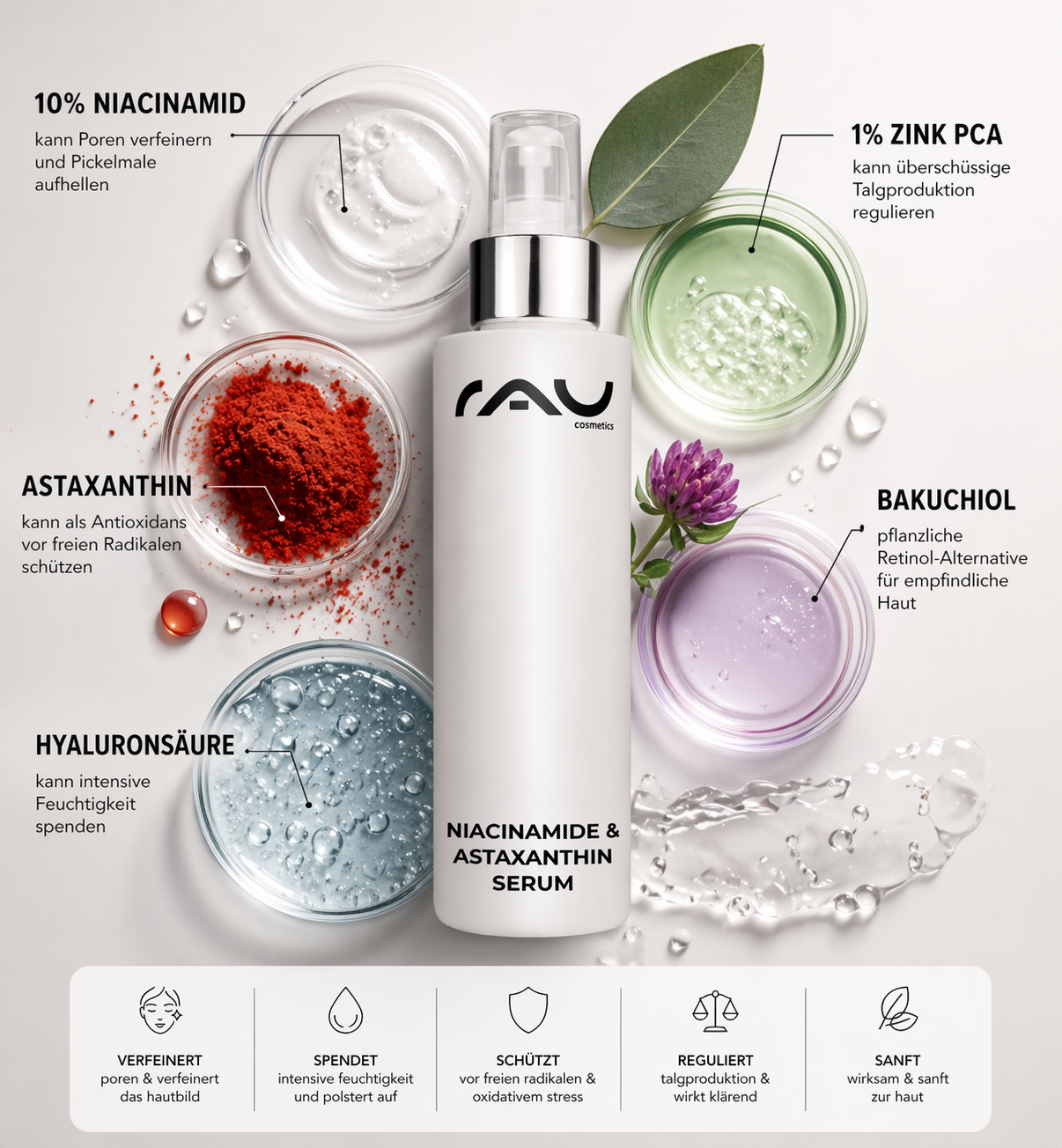 Niacinamide & Astaxanthin Serum — 100 ml bottle with pipette for precise dosing.