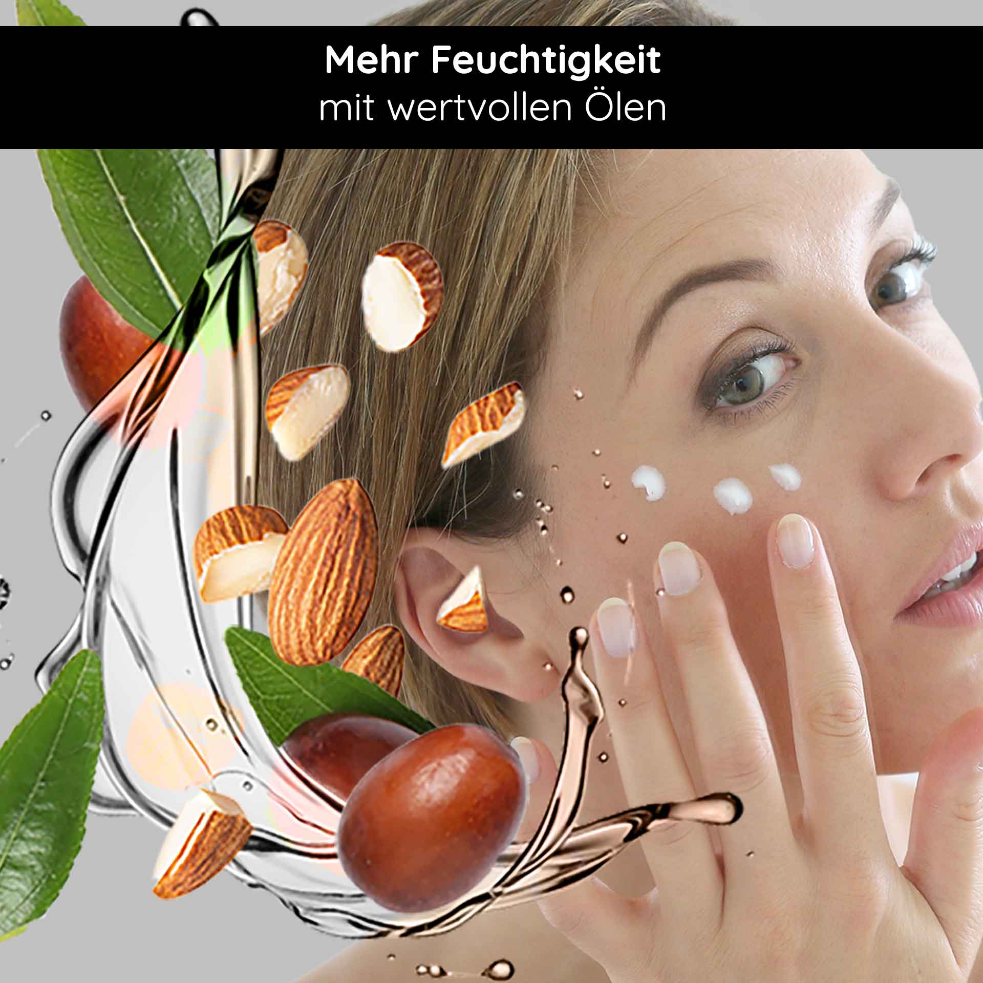 Caviar Eye Cream 15 ml for the mature eye area Frau, die Feuchtigkeitscreme mit wertvollen Ölen auf ihr Gesicht aufträgt, umgeben von Mandeln und pflanzlichen Extrakten, betont die Hautpflege und Hydratation.