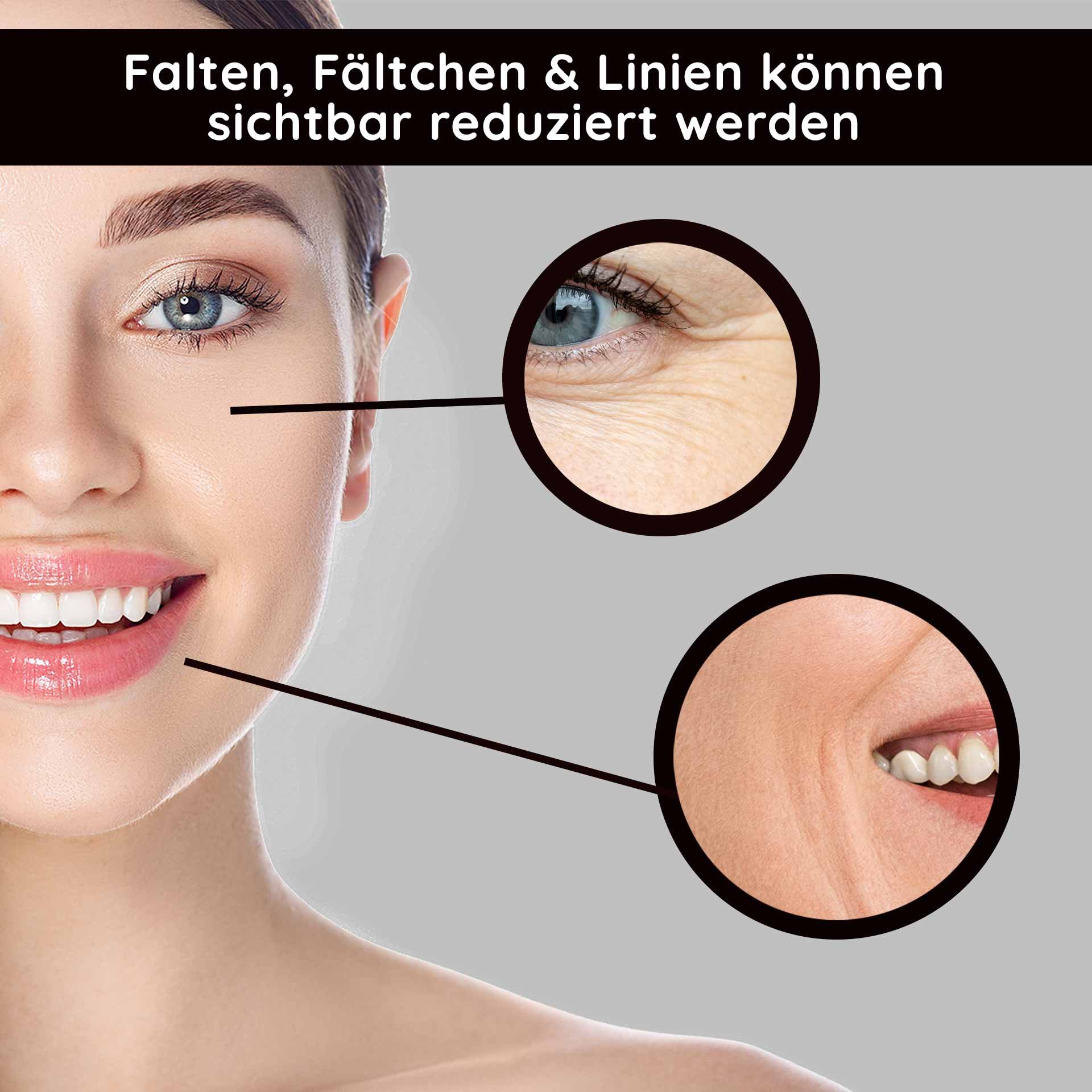 Frau mit strahlendem Lächeln, hervorgehobene Bereiche um Augen und Mund zeigen reduzierte Falten und Linien, betont die Wirkung des RAU Cosmetics Collagen Serums für Anti-Aging und Hautpflege.