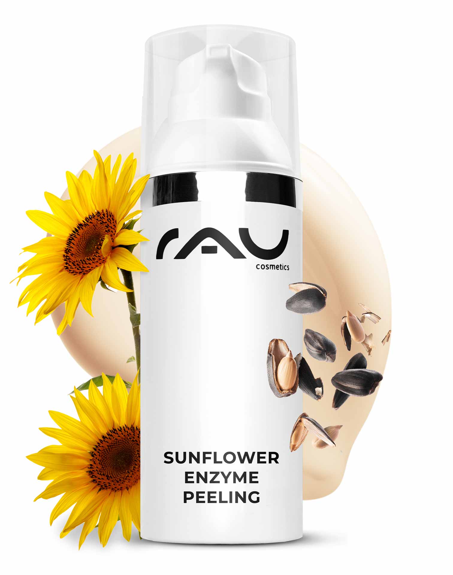 Sunflower Enzyme Peeling 50 ml Chemical Enzyme Peeling Verpackung des Sonnenblumen-Enzym-Peelings mit Sonnenblumenblüten, die den Produktnamen hervorheben und die Vorteile des enzymatischen Peelings für empfindliche Haut hervorheben.
