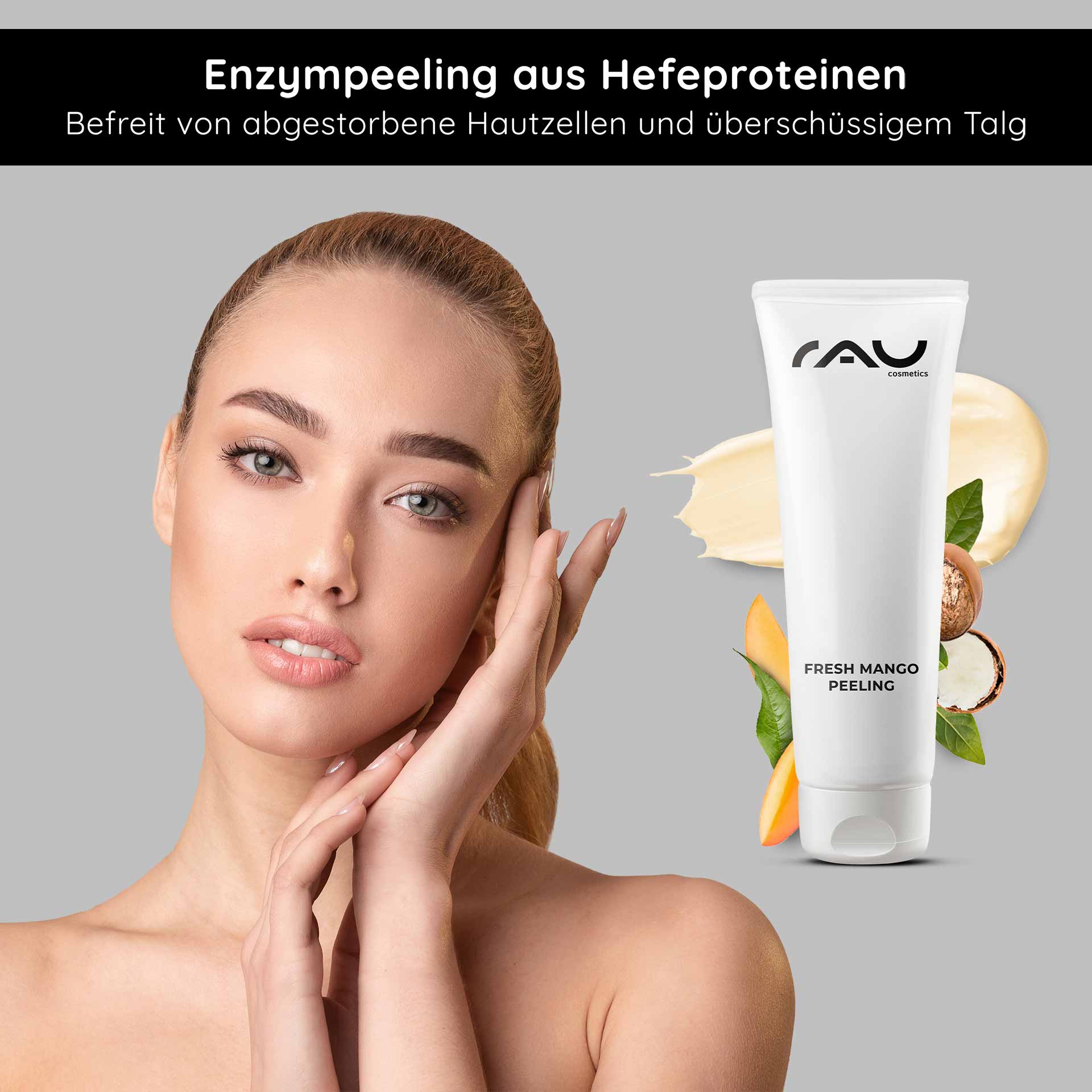 Fresh Mango Peeling 75 ml Enzyme Peeling with Mango Fragrance Frau mit sanfter Hautpflege-Routine und RAU Cosmetics Fresh Mango Peeling, das abgestorbene Hautzellen entfernt und die Haut reinigt.