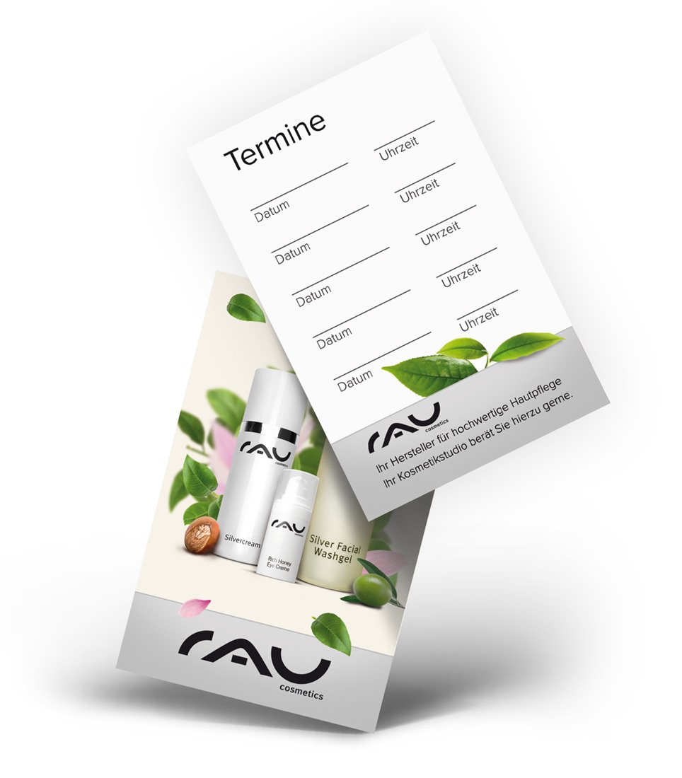 Appointment cards by RAU Cosmetics with space for five appointments, shown with care products and a green leaf design, ideal for cosmetic studios.