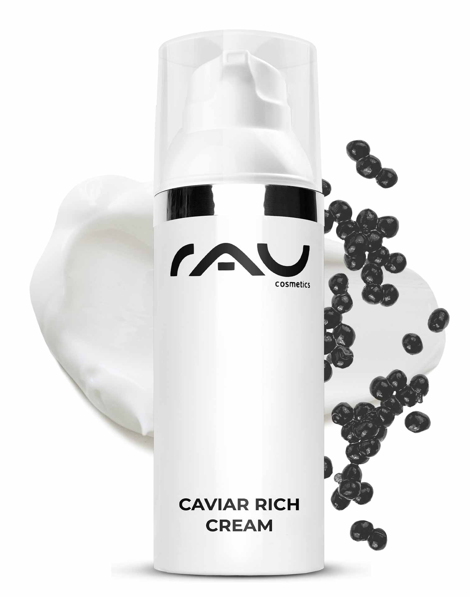 Caviar Rich Cream 50 ml Rich anti-age cream Verpackung der RAU Cosmetics Caviar Rich Cream mit Kaviarperlen und Cremetextur, die Anti-Aging-Eigenschaften für trockene und reife Haut hervorhebt.