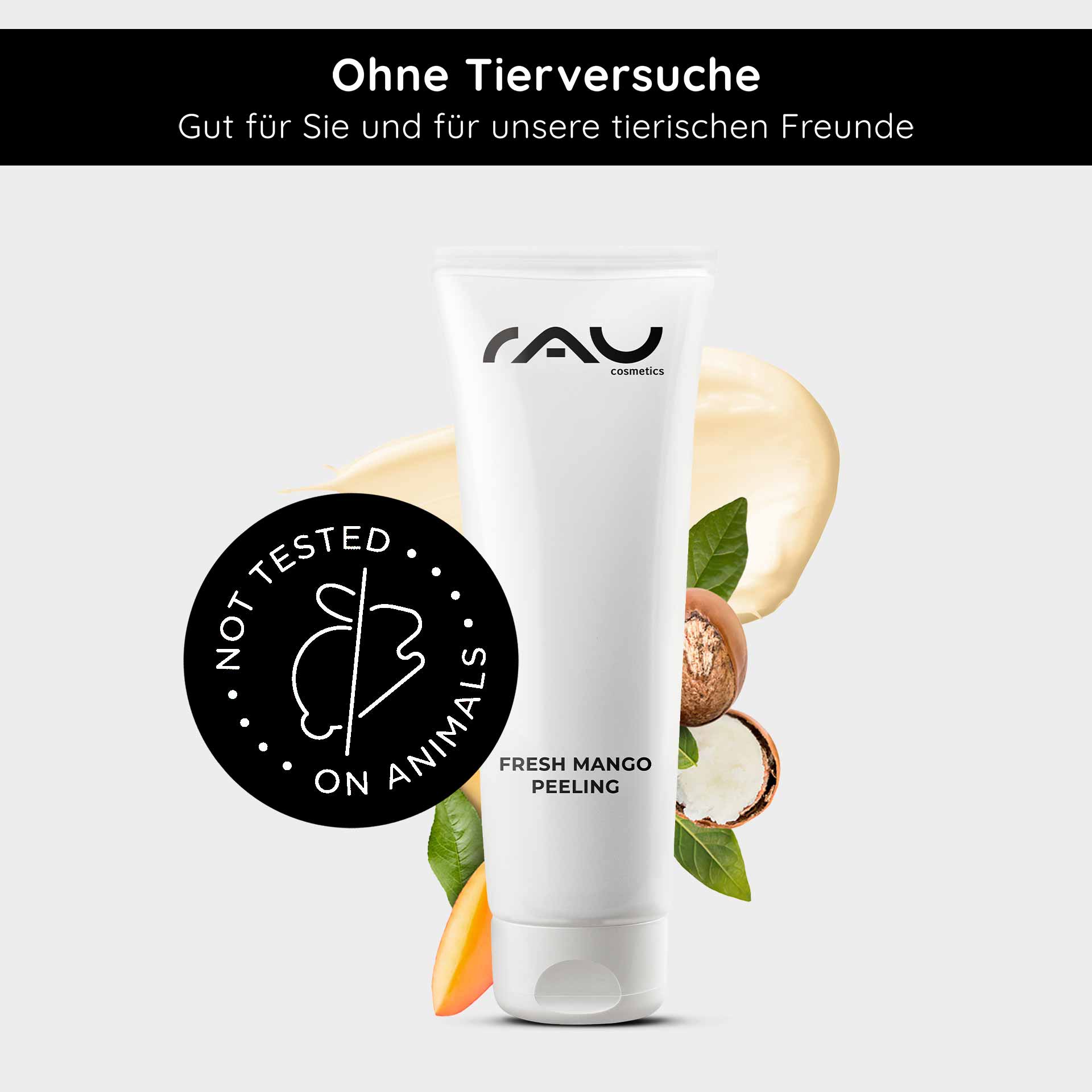 Fresh Mango Peeling 75 ml Enzyme Peeling with Mango Fragrance RAU Cosmetics Fresh Mango Peeling-Tube mit dem Etikett „Nicht an Tieren getestet“, umgeben von Mango- und Sheabutter-Elementen, die ein sanftes Hautpeeling betonen.