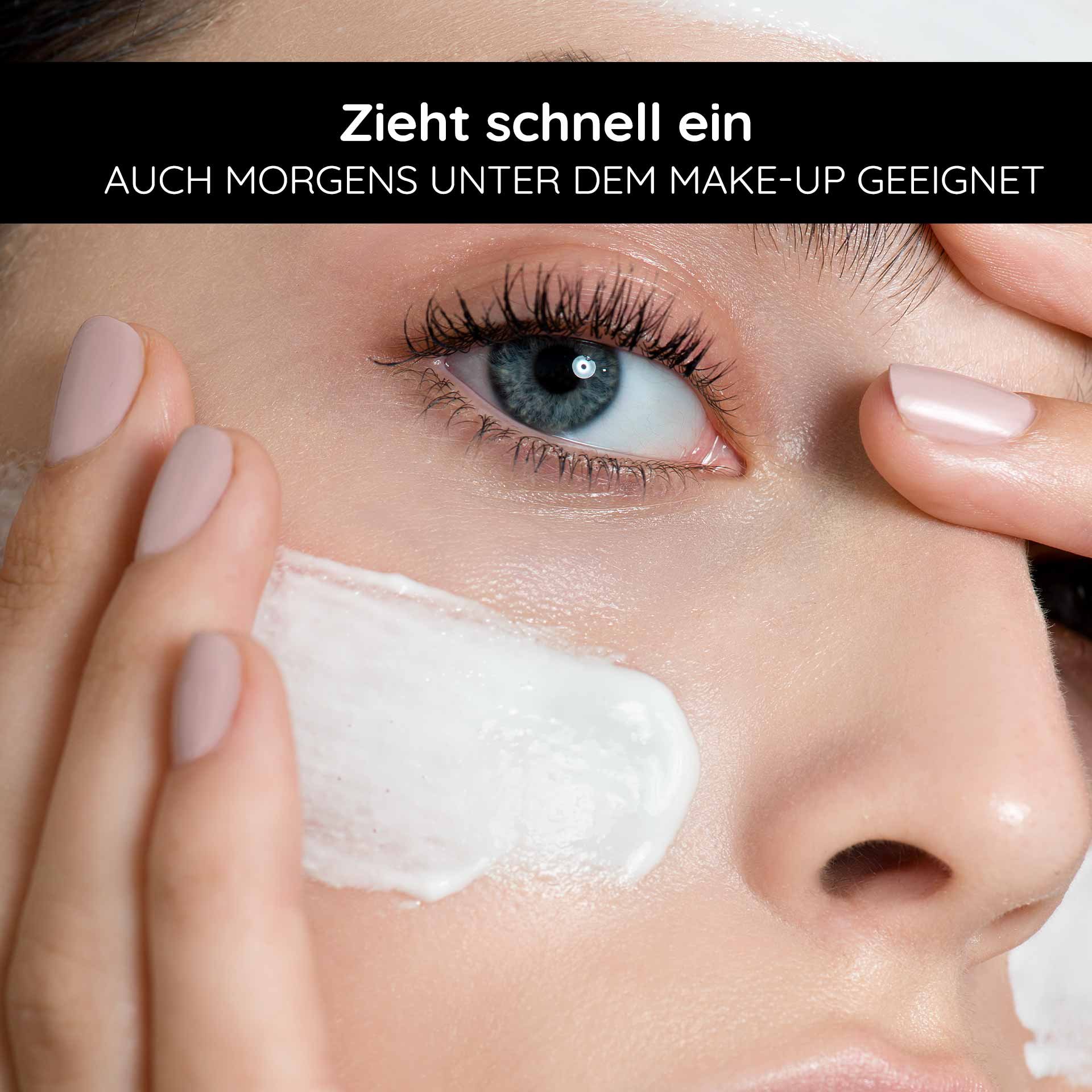 Young woman applying RAU Silvercream to her cheek, lightweight texture absorbs quickly