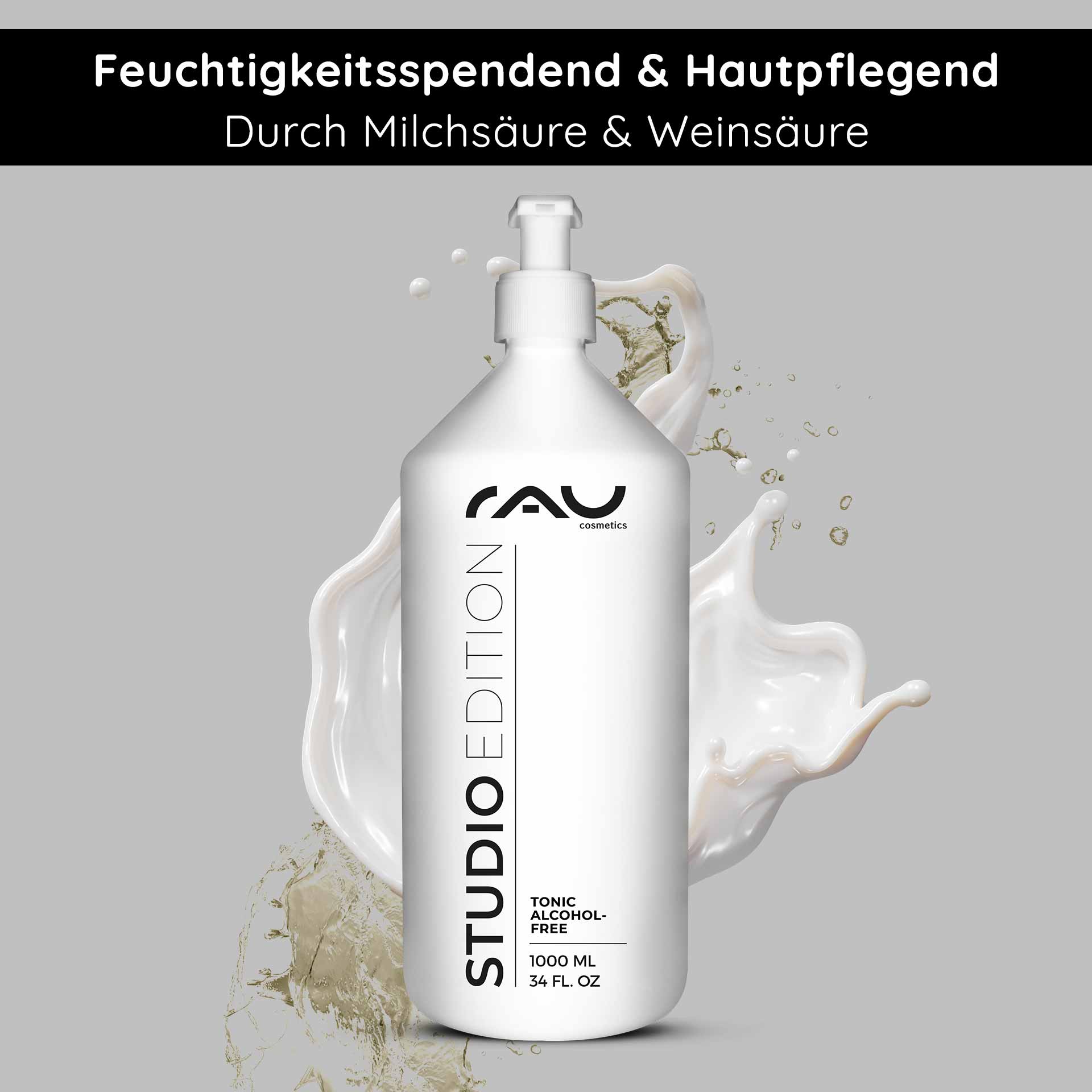 Tonic alcohol-free 1000 ml with nettle extract Alkoholfreies Tonic-Flasche mit Brennnesselextrakt von RAU Cosmetics, 1000 ml, Aufschrift „STUDIO EDITION“, mit Betonung der feuchtigkeitsspendenden und hautpflegenden Wirkung.