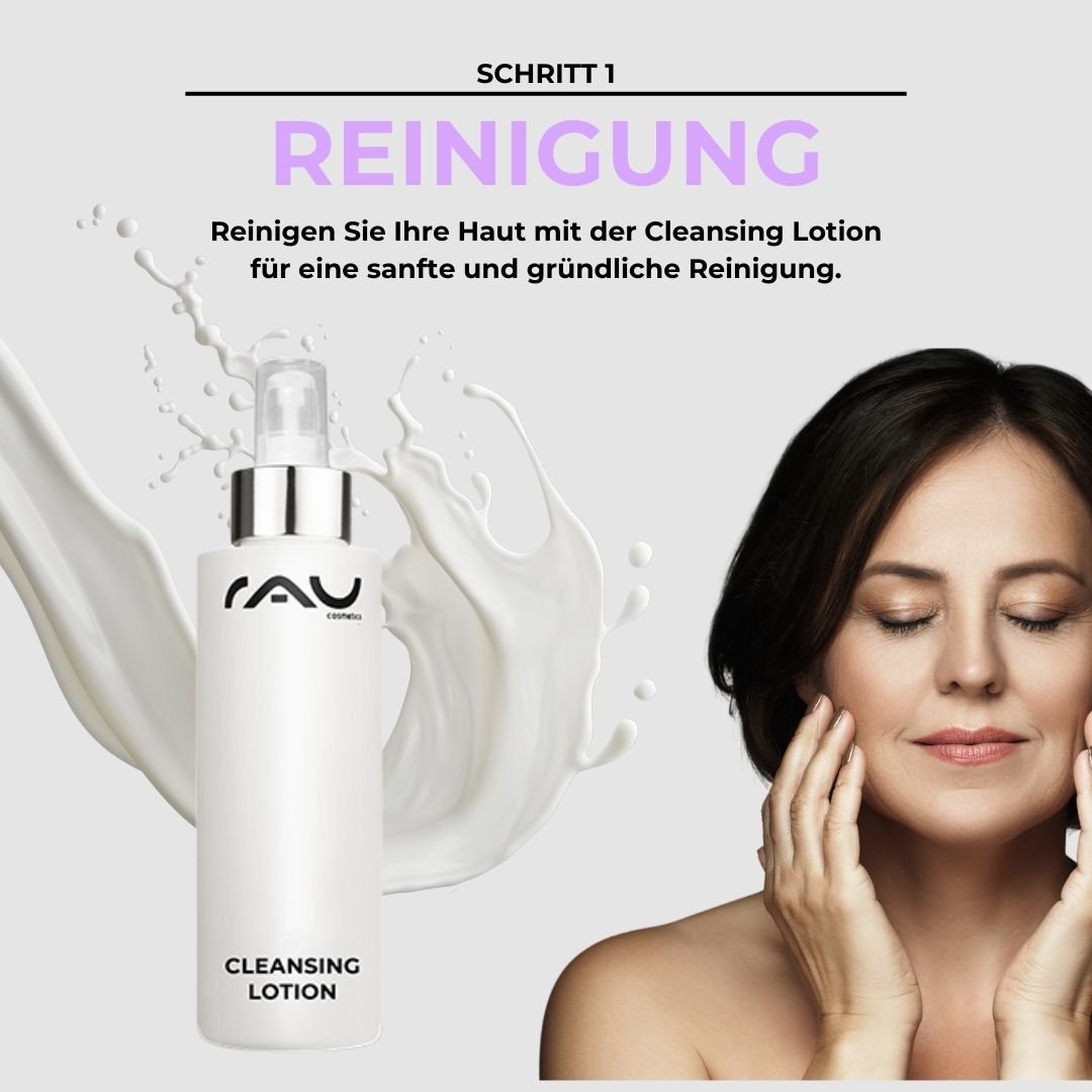 Cleansing lotion bottle with RAU logo and a woman gently touching her face, promoting gentle cleansing for mature skin as part of the basic skincare routine.
