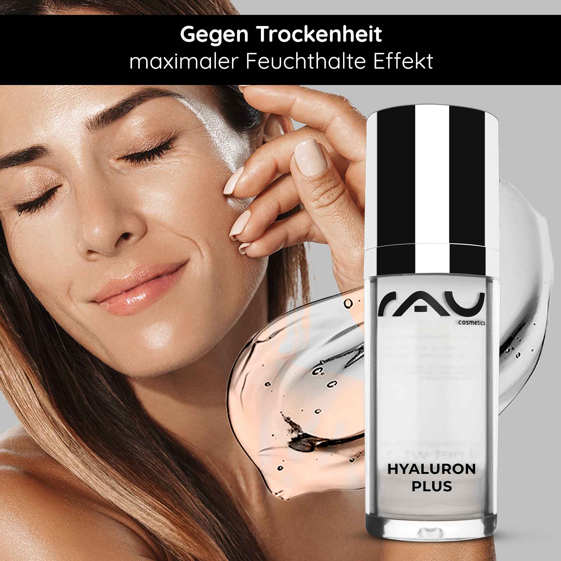 Hyaluron Plus 30 ml Instant Lifting Gel RAU Cosmetics Hyaluron Plus 30 ml – Gesichtsserum mit hoch- und niedermolekularer Hyaluronsäure für intensive Feuchtigkeit und Soforteffekt. Abbildung des Produkts in einem eleganten Airless-Spender mit transparentem Gel.