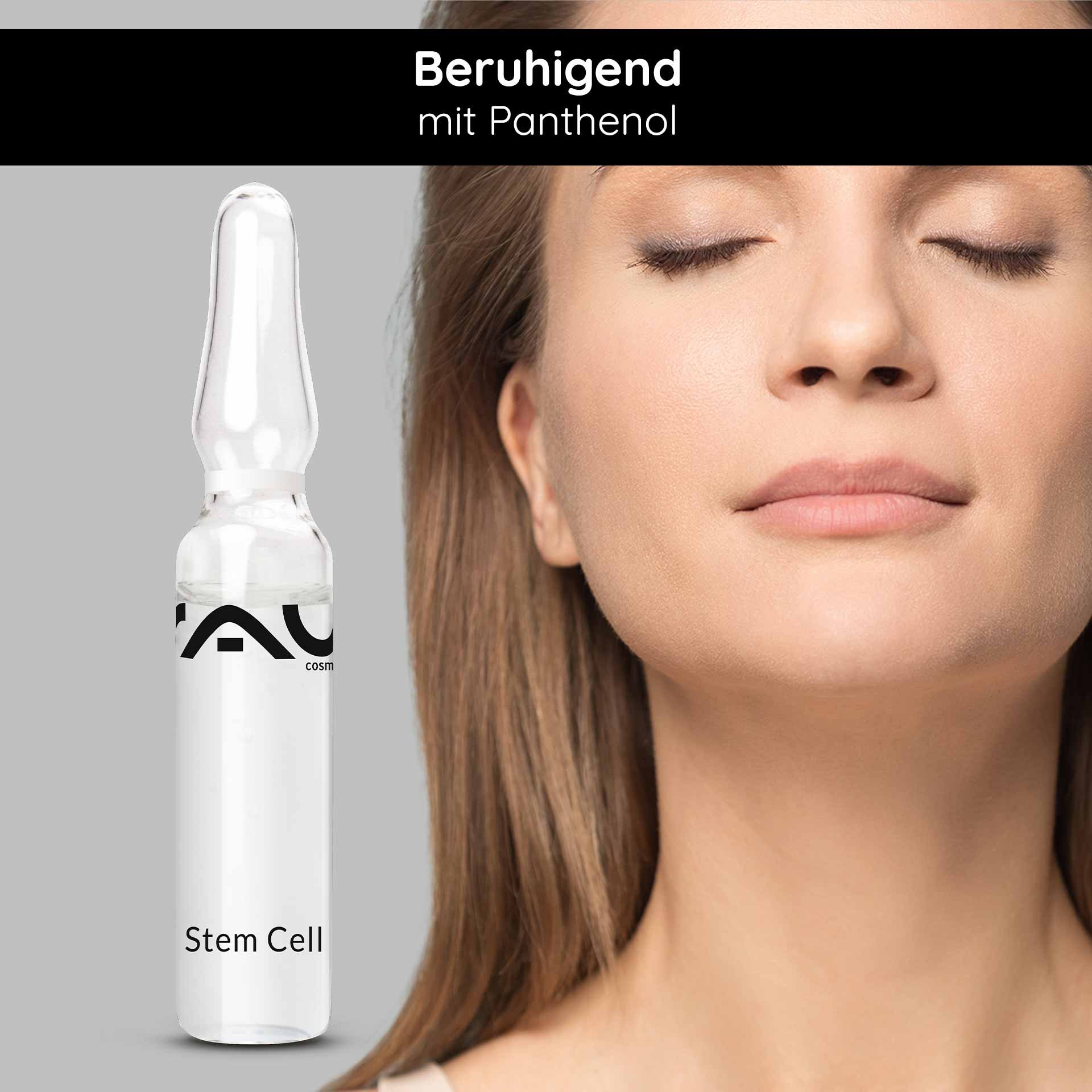 Woman with closed eyes and a smooth complexion, next to a RAU Cosmetics Stem Cell Ampoule emphasizing soothing properties with panthenol.