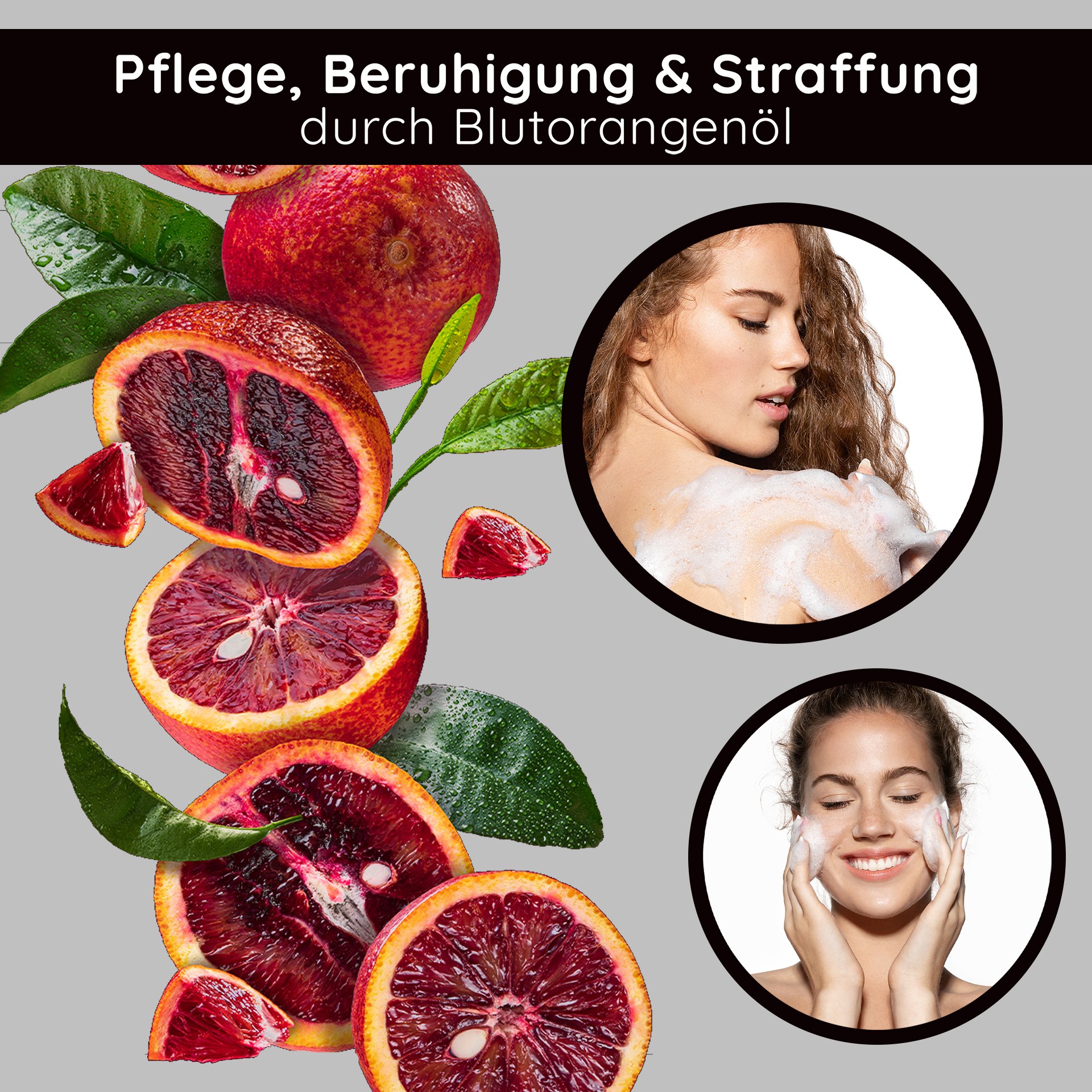 RAU Astaxanthin Cleansing Foam surrounded by fresh citrus fruits as ingredient visualization
