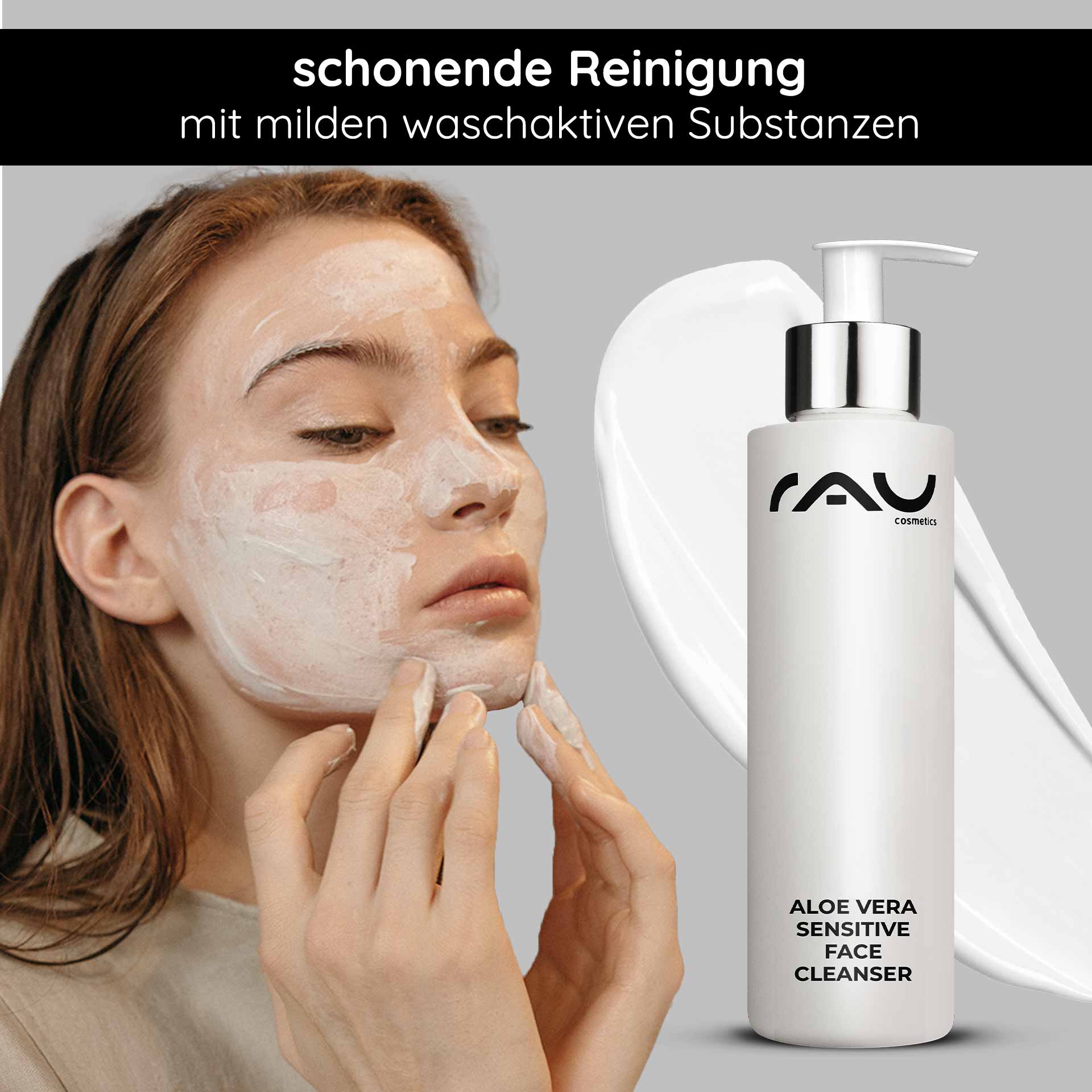 Aloe Vera Sensitive Face Cleanser 200 ml Cleanser Frau mit Gesichtsmaske und Aloe Vera Sensitive Face Cleanser von RAU Cosmetics, sanfte Reinigung für empfindliche Haut, milde waschaktive Substanzen.