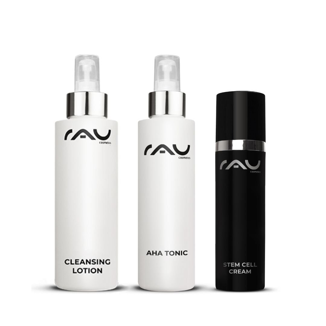 Basic skincare routine for mature skin by RAU Cosmetics, consisting of gentle Cleansing Lotion, regenerating AHA Tonic, and Stem Cell Cream.