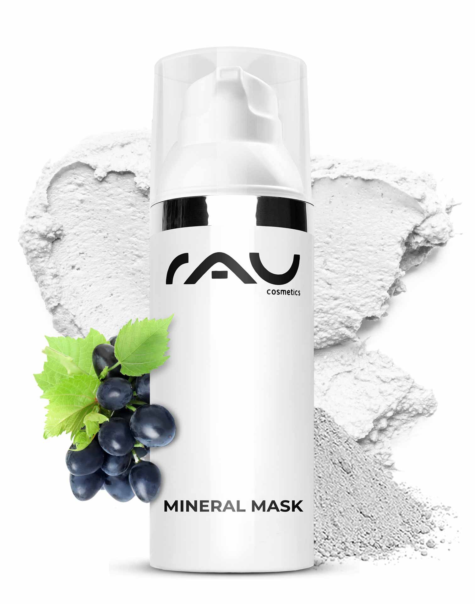 Mineral Mask von RAU Cosmetics in einer eleganten Verpackung mit Pflanzenmotiven, umgeben von Rügener Heilkreide, ideal für unreine und empfindliche Haut, unterstützt die Hautregeneration und mattiert.