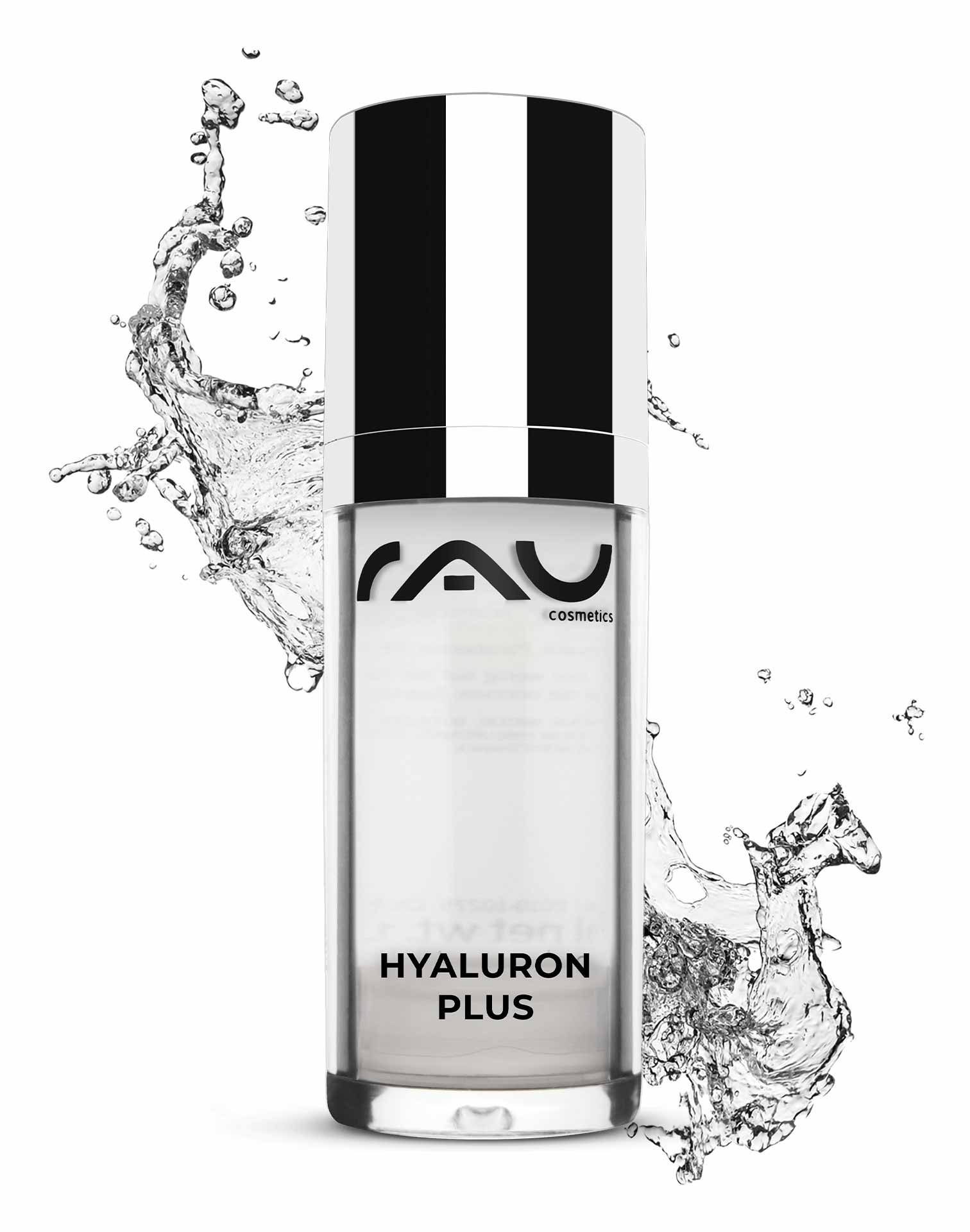 Hyaluron Plus 30 ml Instant Lifting Gel RAU Cosmetics Hyaluron Plus Serumflasche mit Splash-Effekt, die Anti-Aging-Eigenschaften und Eignung für trockene, reife Haut hervorhebt.