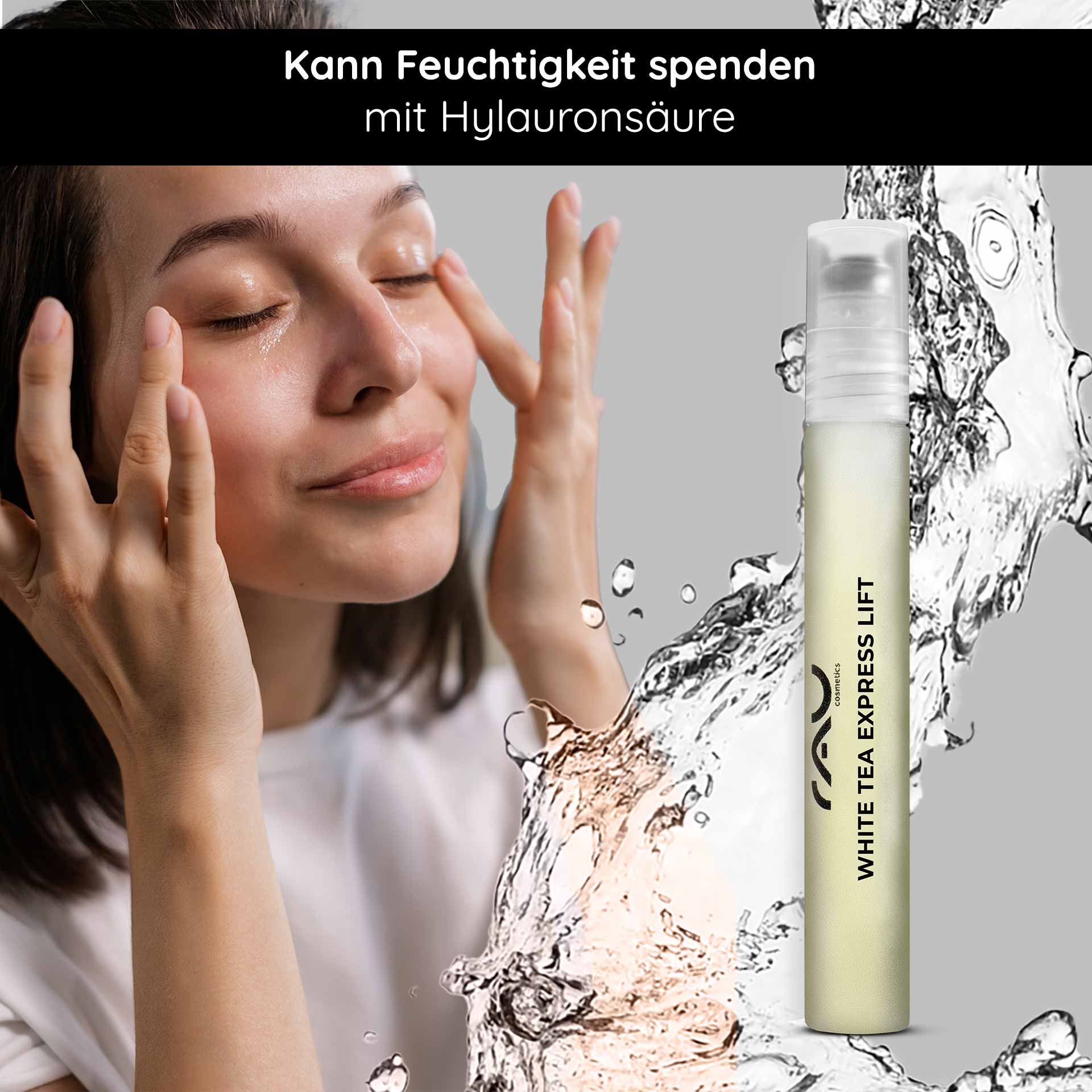 White Tea Express Lift Roll On Anti-Aging Serum in Roll-On Frau mit geschlossenen Augen, die Gesichtspflege mit RAU Cosmetics White Tea Express Lift Roll-On anwendet, um Feuchtigkeit zu spenden und Falten zu reduzieren, umgeben von Wasserspritzern.