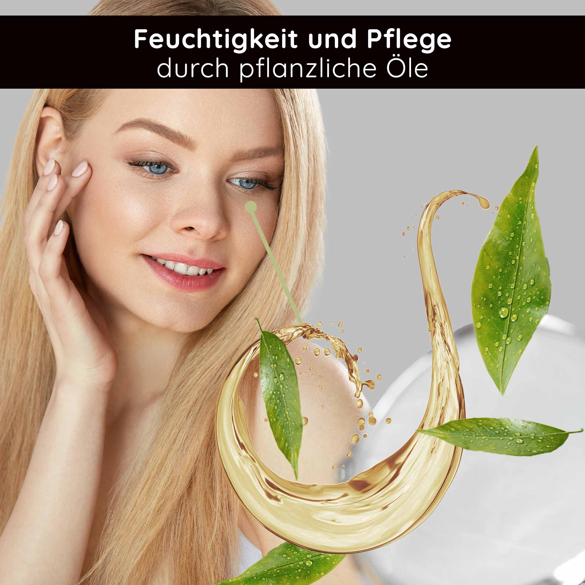Hyaluron Moisturizing Eye Fluid 15 ml Moisturising Gel Frau mit blonden Haaren, die sanft ihre Haut berührt, umgeben von pflanzlichen Ölen und Blättern, symbolisiert Feuchtigkeit und Pflege für die Augenpartie, passend zur RAU Cosmetics Hyaluron Moisturizing Eye Fluid Produktbeschreibung.
