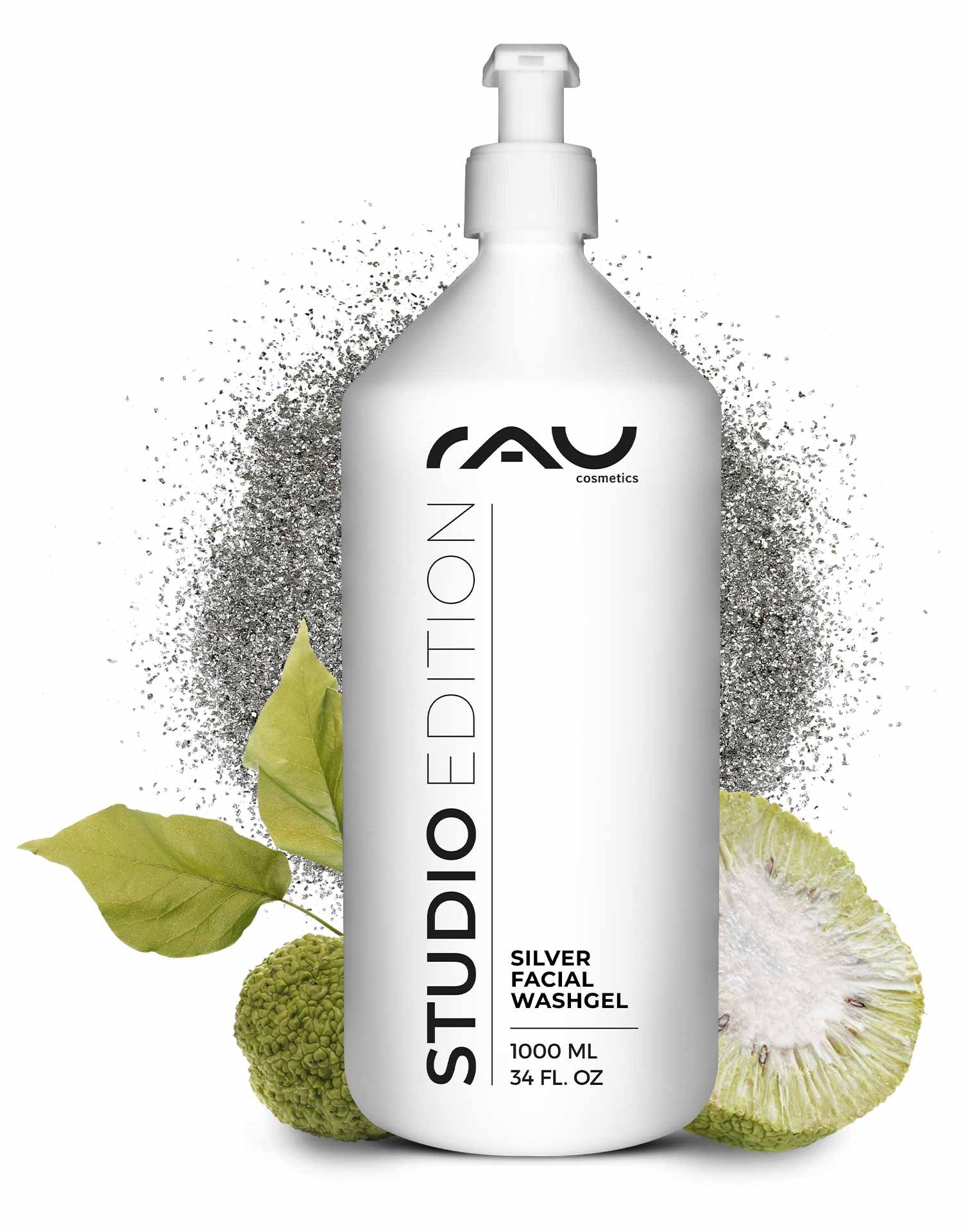Bottle of RAU Silver Facial Washgel 1000 ml with antimicrobial effect, surrounded by green leaves and graphic elements, for gentle cleansing and skincare.