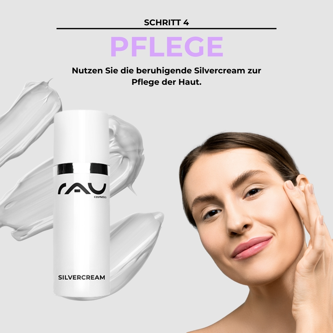 Professional care routine for couperose Beruhigende Silvercream von RAU Cosmetics für die Pflege der Haut, Schritt 4 der Profi Pflegeroutine für Couperose, mit einer Person, die die Creme sanft auf die Haut aufträgt.