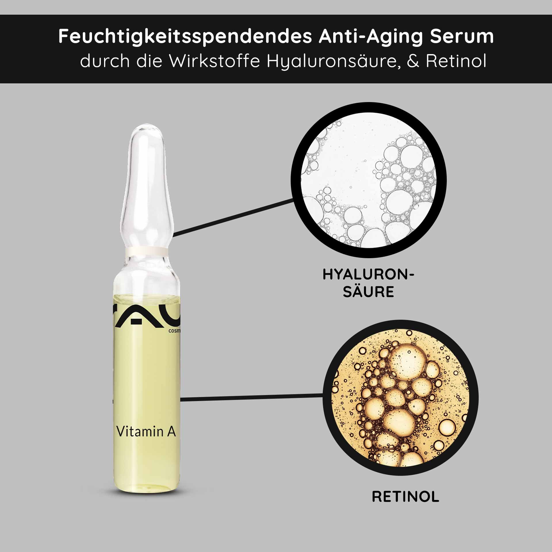 RAU Cosmetics Vitamin A ampoule with anti-aging serum formulation containing hyaluronic acid and retinol, with highlighted moisturizing properties.