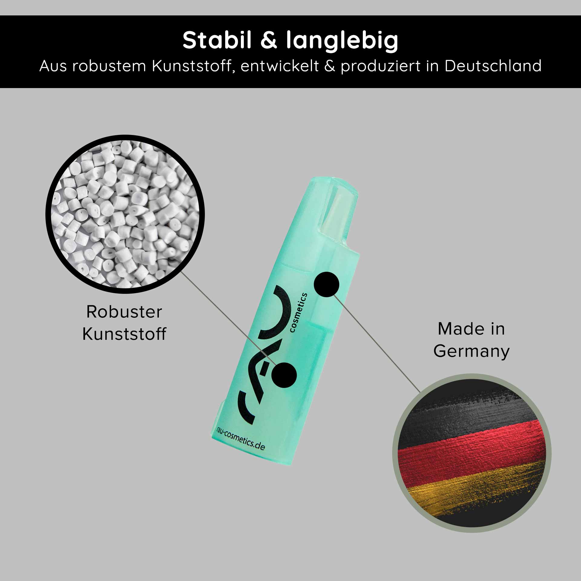 Ampoule opener for 2 ml emetic ampoules Ampullenöffner von RAU Cosmetics, hergestellt aus robustem Kunststoff, mit Text "Stabil & langlebig", und Hinweis "Made in Germany".