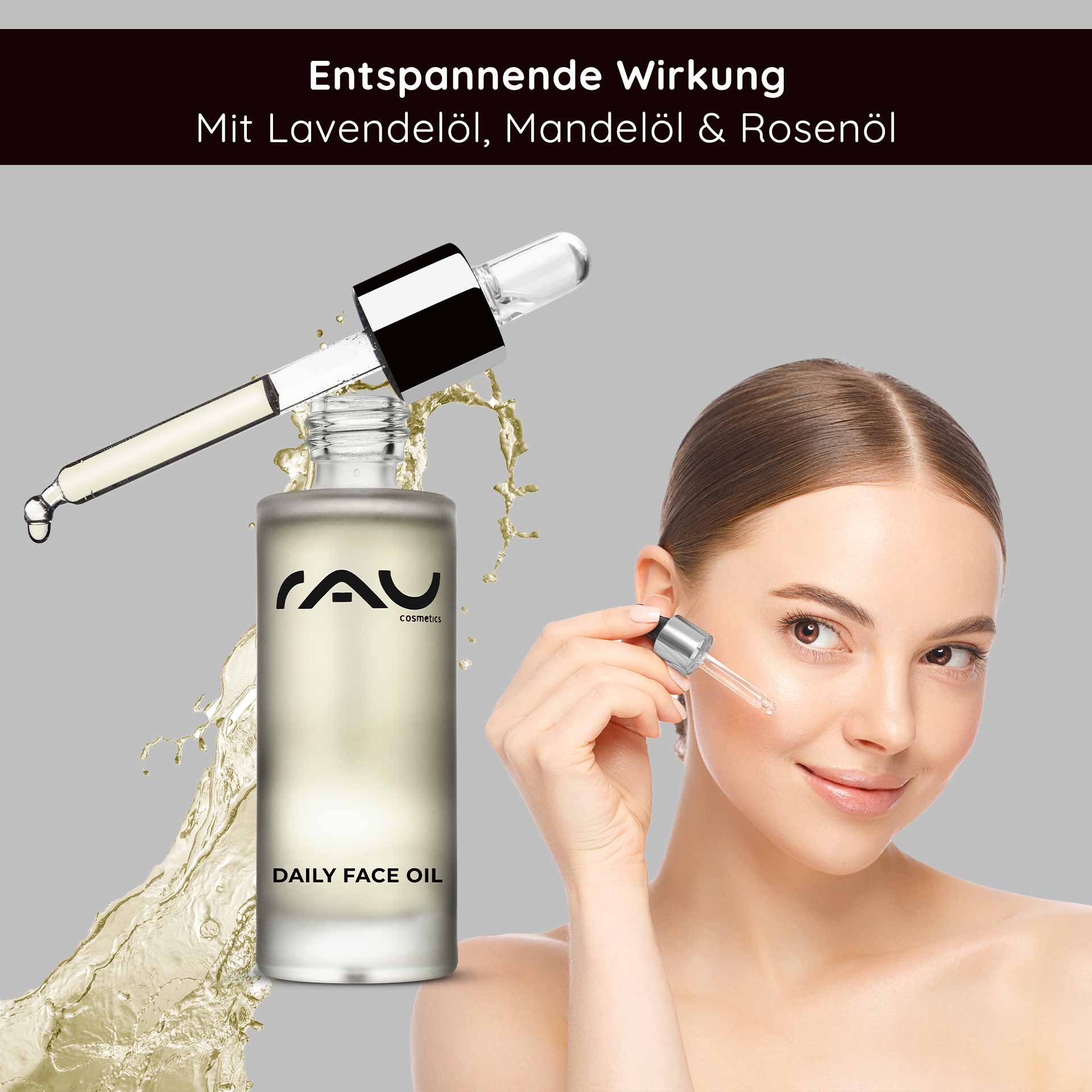 Daily Face Oil 30 ml Nourishing face oil for the night with lavender Flasche „RAU Cosmetics Daily Face Oil“ mit Tropfer, auf der eine Frau zu sehen ist, die das Öl auf ihre Wange aufträgt und die entspannende Wirkung von Lavendel-, Mandel- und Rosenöl hervorhebt.