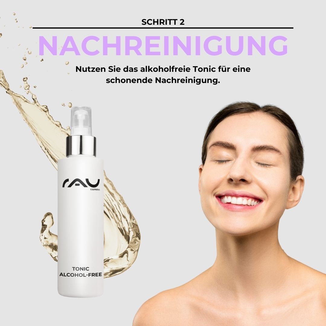 Basic care routine for impure dry skin Frau mit glatter Haut und sichtbaren Faltenvergrößerungen, die die Wirkung von Hyaluron Ultimative Lifting Gel für Anti-Aging und Feuchtigkeit demonstrieren.