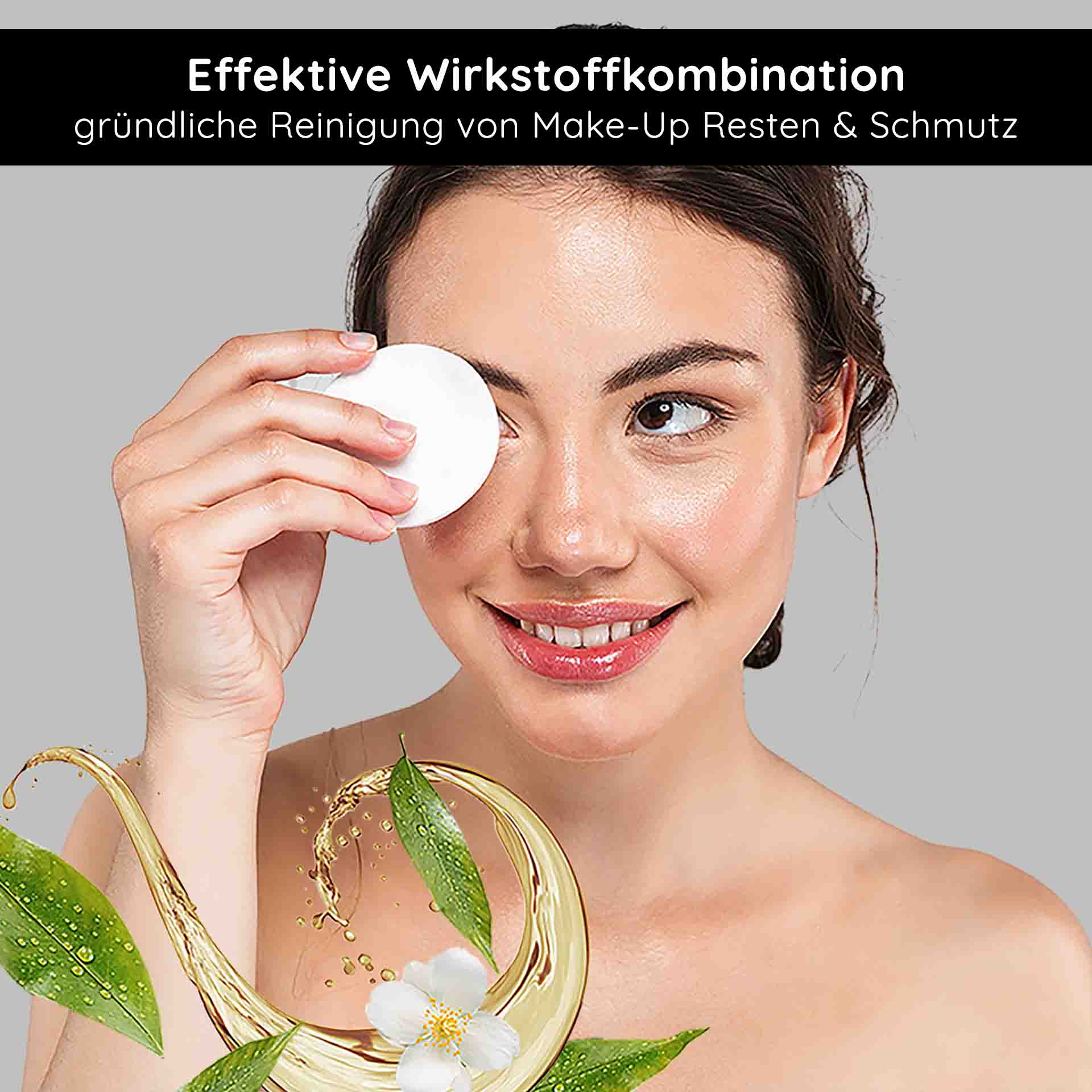 AHA Tonic 200 ml - Toner with anti-ageing effect Frau mit Make-Up-Entferner-Pad reinigt sanft ihr Gesicht, um Make-Up-Reste und Schmutz zu entfernen, umgeben von natΓΌrlichen Extrakten und Wasser, symbolisiert sanfte Hautpflege und effektive Wirkstoffkombination.