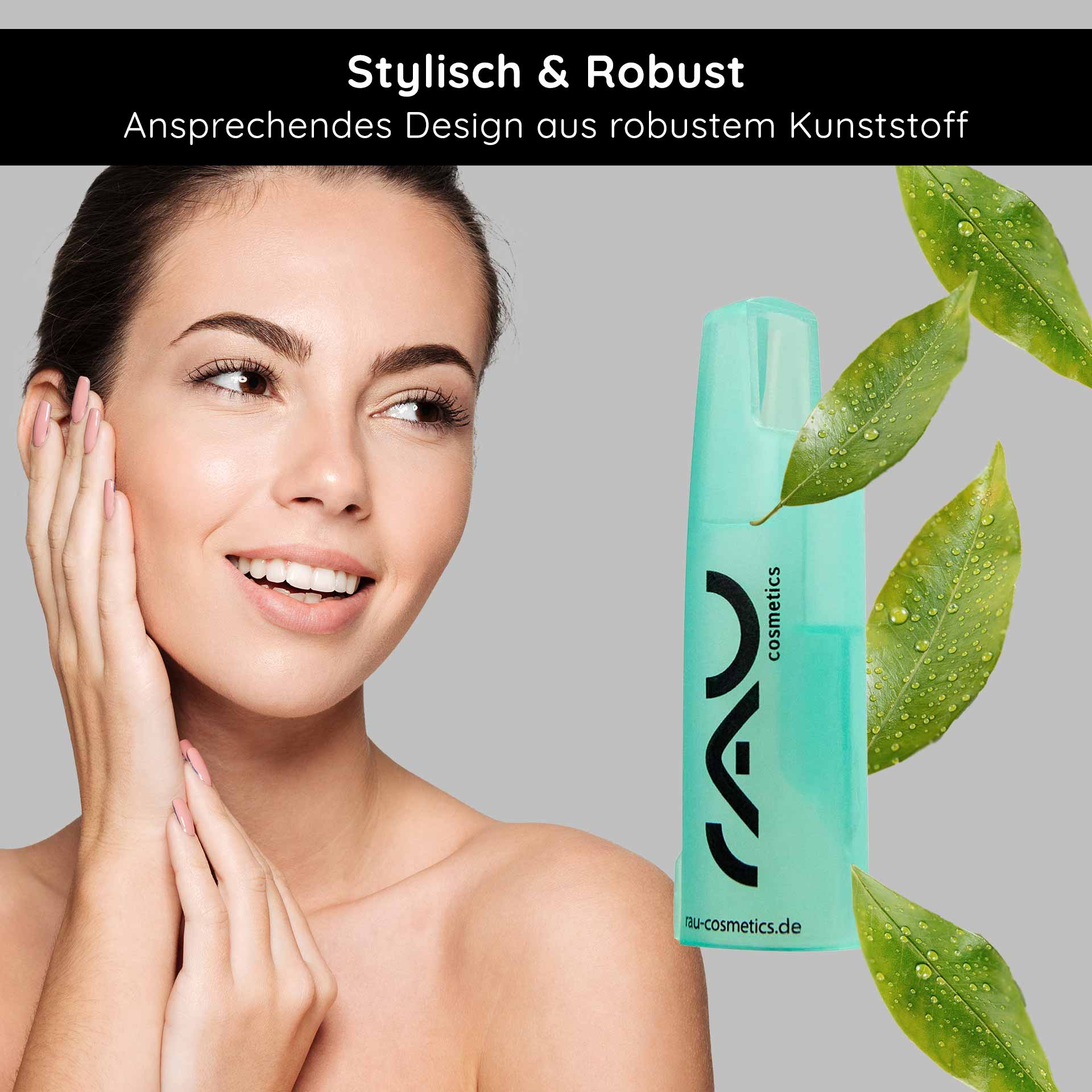 Ampoule opener for 2 ml emetic ampoules Frau mit strahlendem Lächeln und glatter Haut, hält sich das Gesicht mit einer Hand, neben einem Ampullenöffner von RAU Cosmetics, umgeben von grünen Blättern, betont stilvolles und robustes Design.