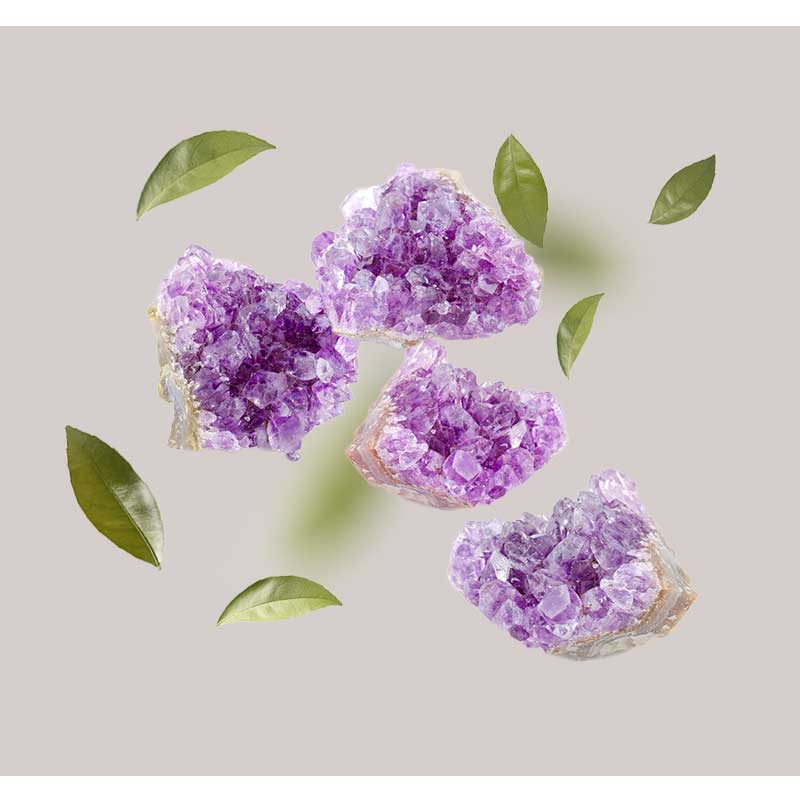 amethyst-powder Amethyst-Pulver und grüne Blätter auf neutralem Hintergrund, symbolisierend die Inhaltsstoffe der Orient's Secret Gesichtscreme von RAU Cosmetics.