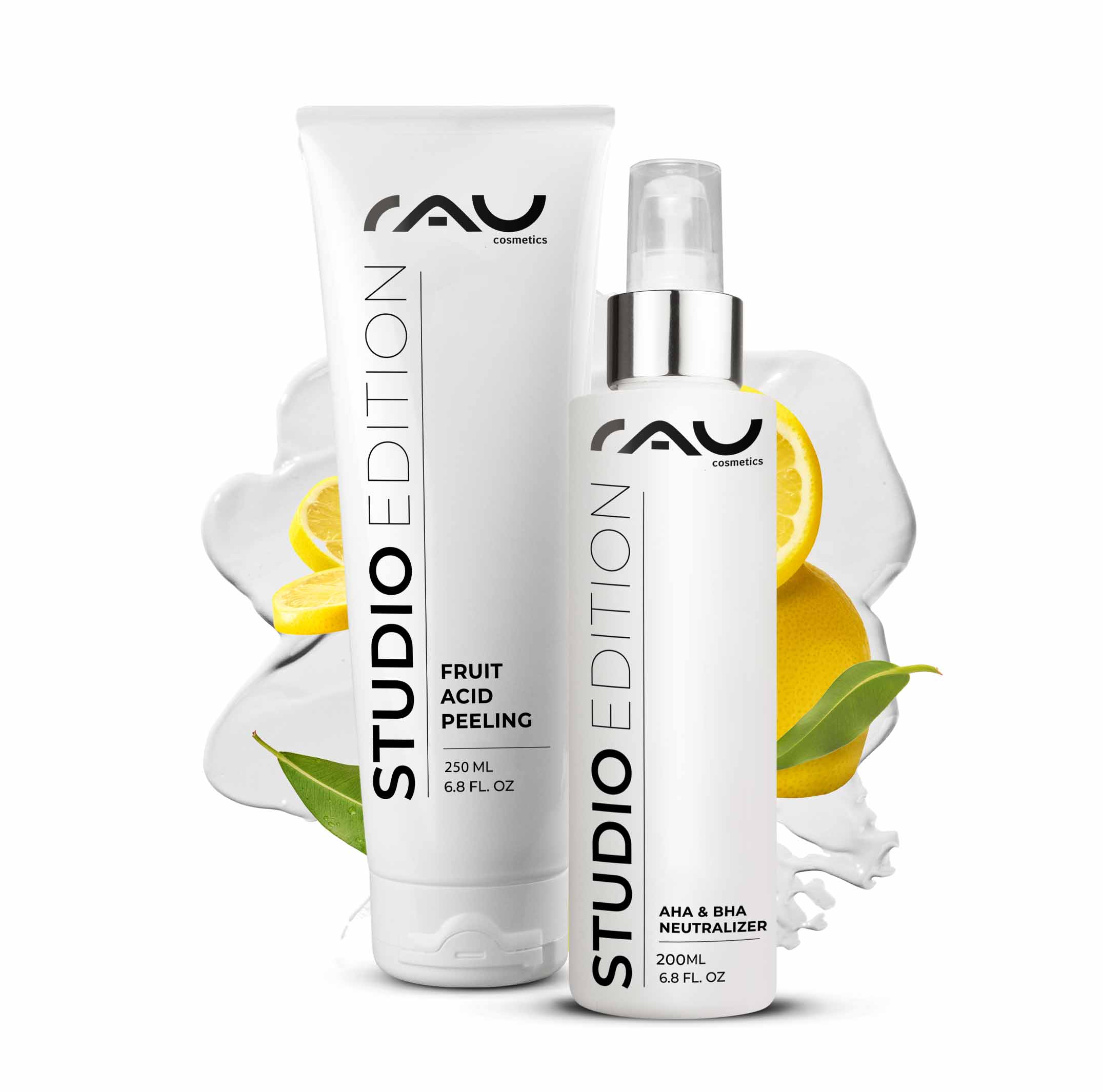 Fruit Acid Peeling 250 ml Fruit Acid Peeling with BHA Fruchtsäurepeeling Set von RAU Cosmetics, 250 ml und 200 ml AHA & BHA Neutralisierer, mit Zitrusfrüchten und grünen Blättern, Studio Edition.