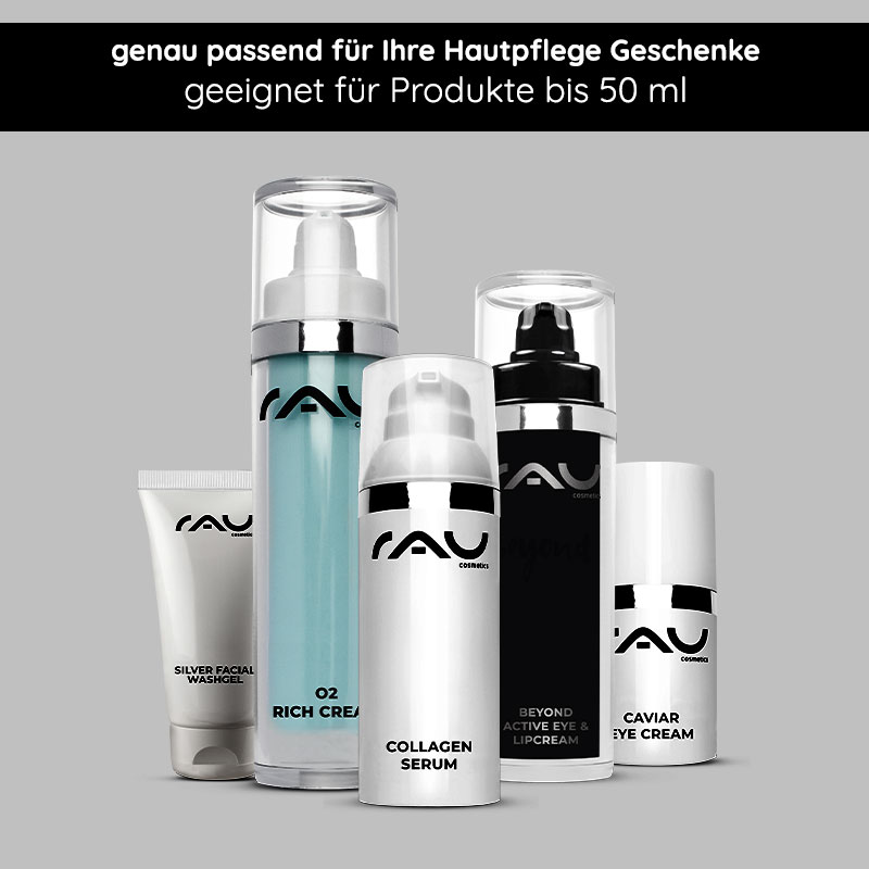 Gift box "Pillow" with black bow Geschenkverpackung "Kissen" mit schwarzer Schleife für Hautpflegeprodukte, geeignet für Geschenke bis 50 ml, von RAU Cosmetics.