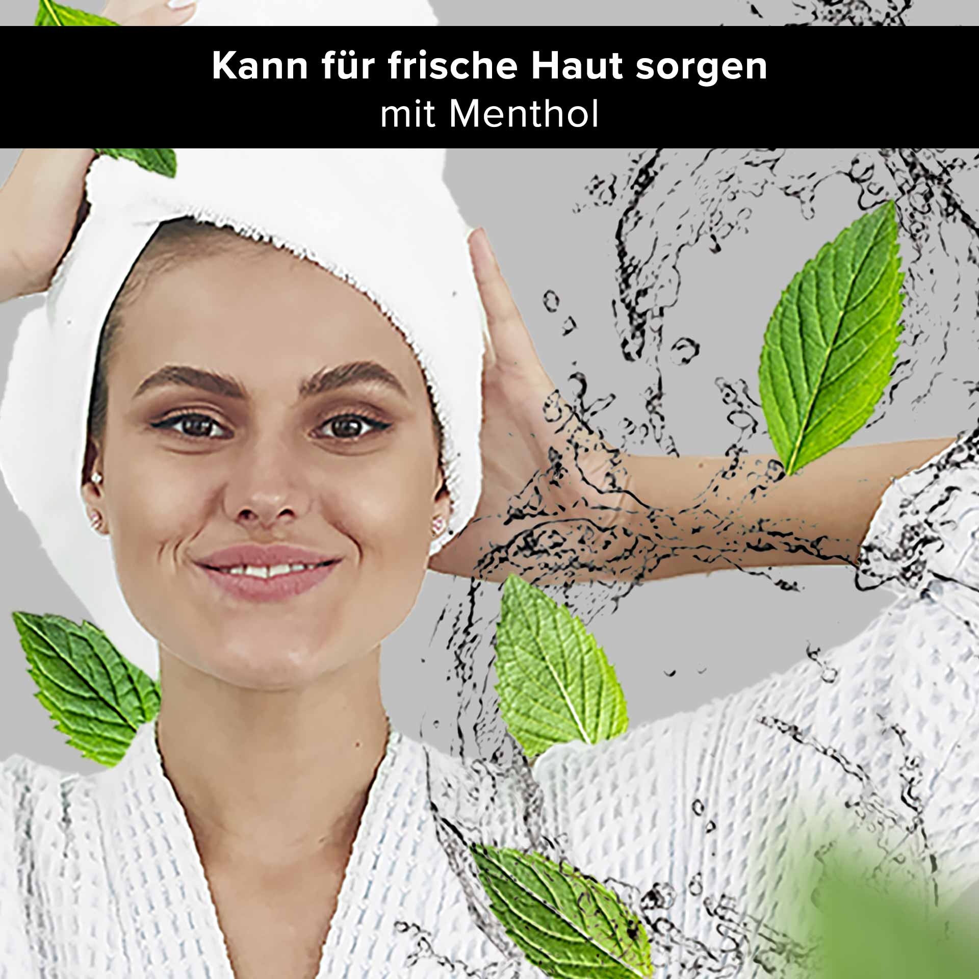Mattifying Ampoules 10x2 ml Mattifying with Wild Pistachio Frau mit einem Handtuch auf dem Kopf, lΓ€chelnd und umgeben von frischen MinzblΓ€ttern und WassertrΓΆpfchen, symbolisiert erfrischende Hautpflege mit Menthol von RAU Cosmetics.